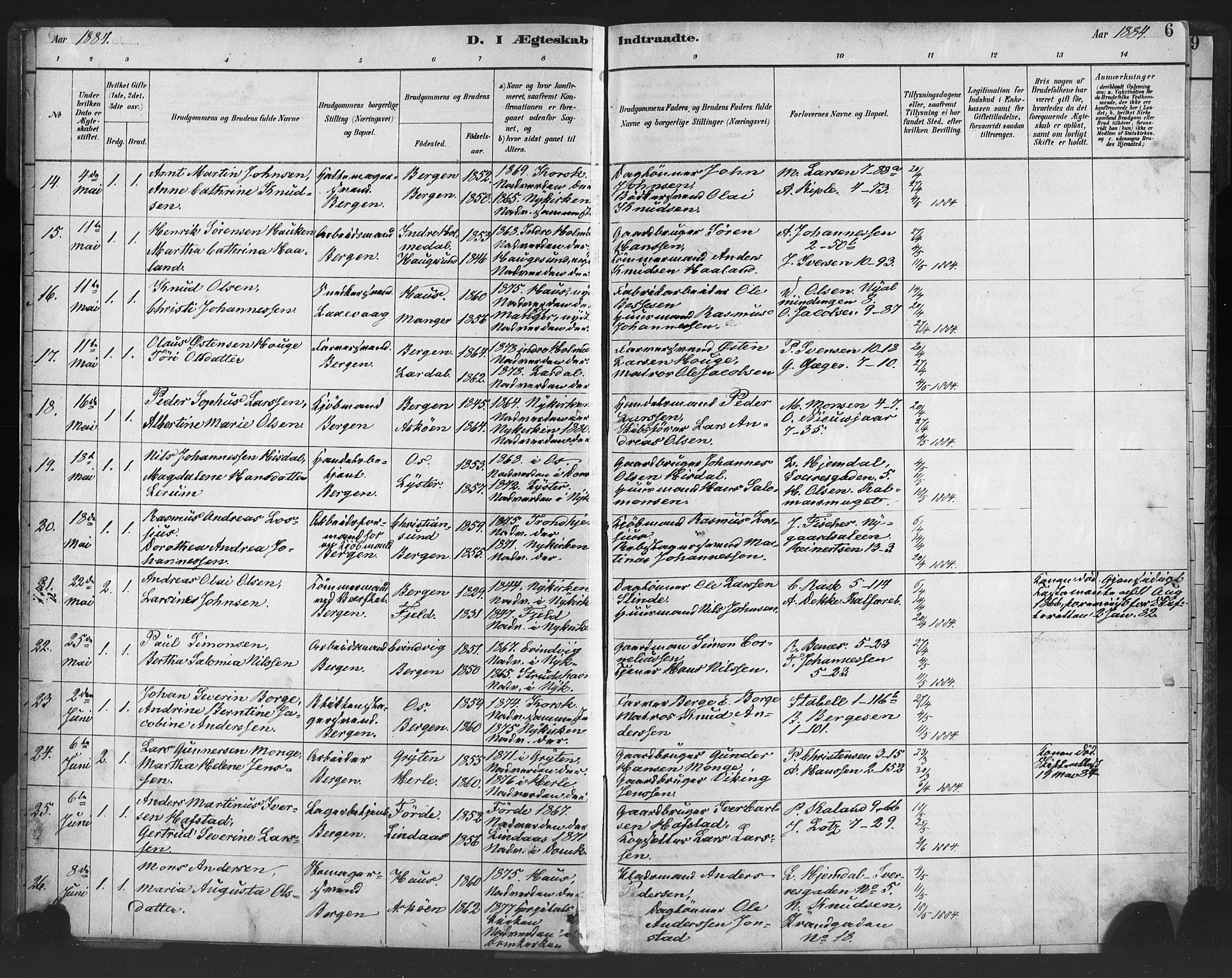 Nykirken Sokneprestembete, AV/SAB-A-77101/H/Haa/L0033: Parish register (official) no. D 3, 1884-1895, p. 6