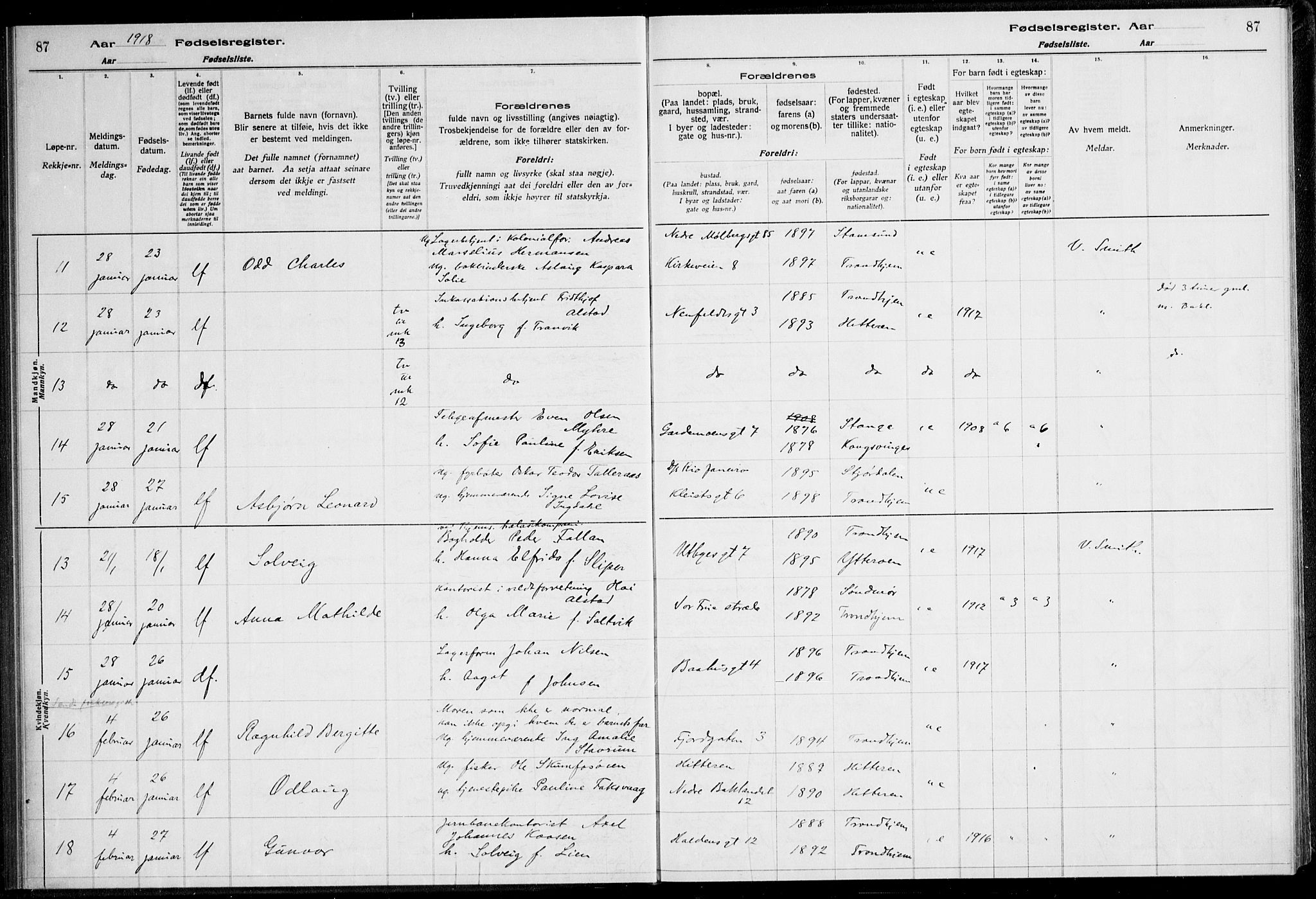 Ministerialprotokoller, klokkerbøker og fødselsregistre - Sør-Trøndelag, AV/SAT-A-1456/600/L0002: Birth register no. 600.II.4.1, 1916-1920, p. 87