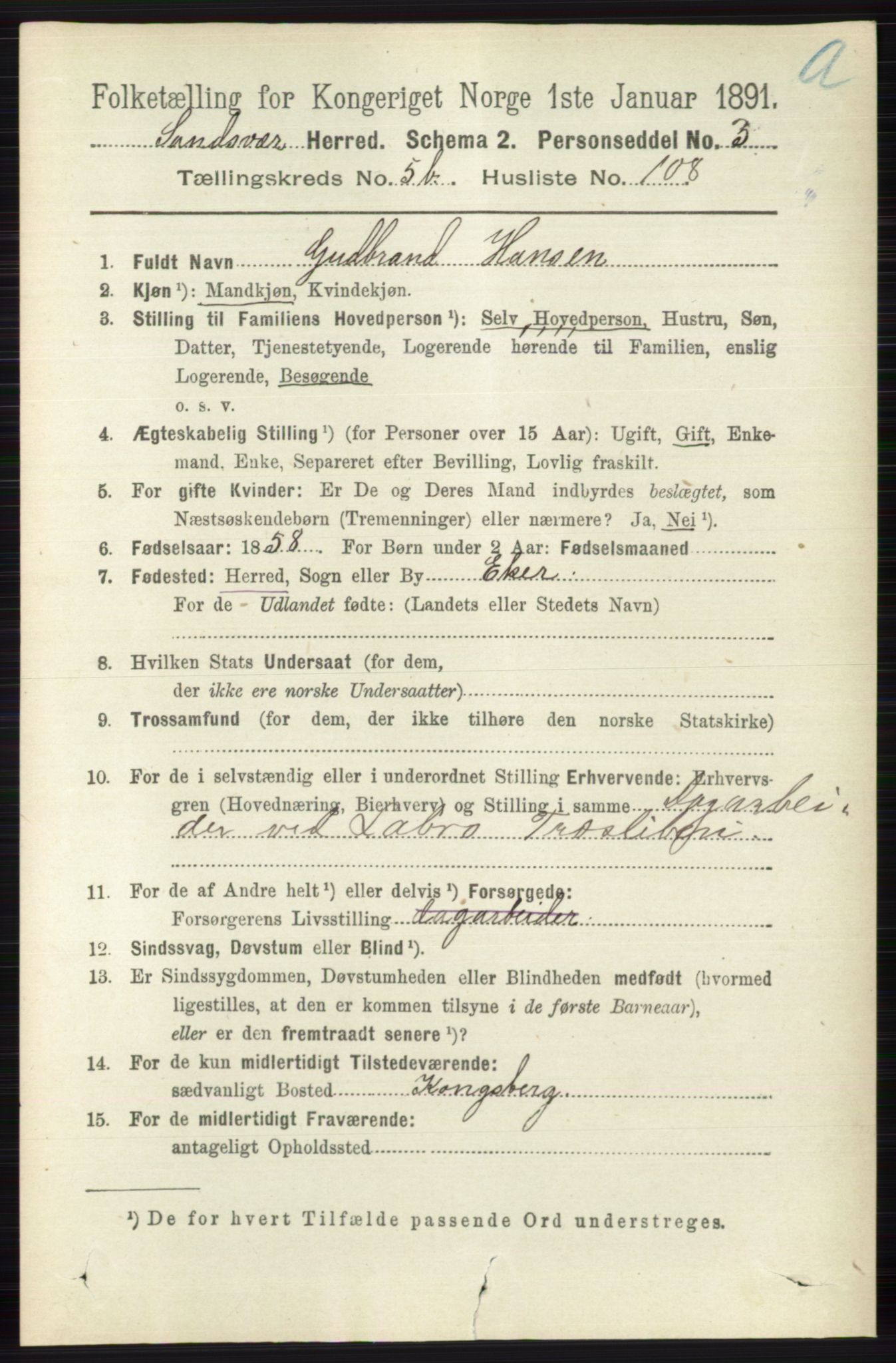 RA, 1891 census for 0629 Sandsvær, 1891, p. 3297