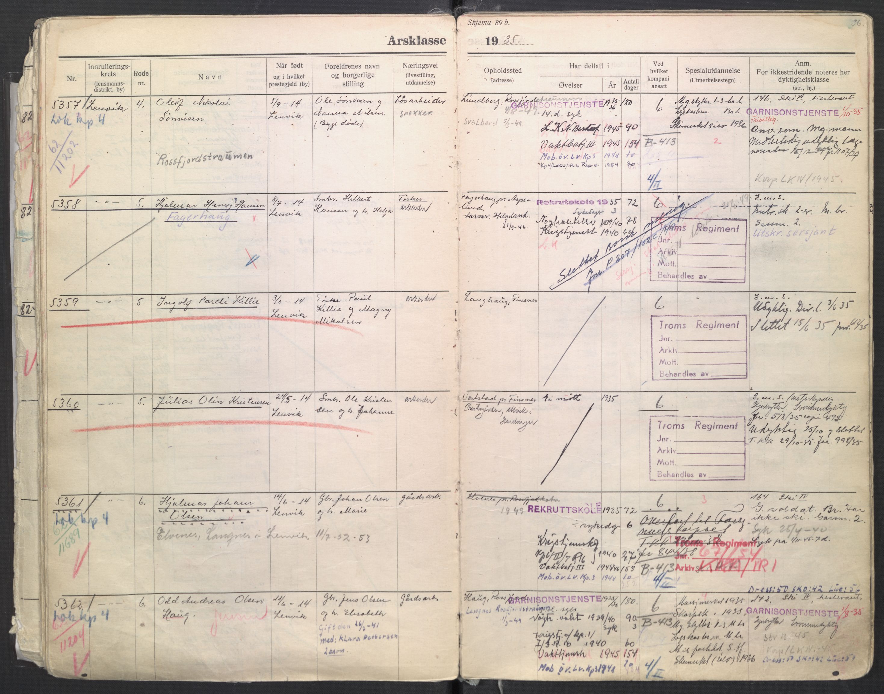 Forsvaret, Troms infanteriregiment nr. 16, AV/RA-RAFA-3146/P/Pa/L0006/0008: Ruller / Rulle for regimentets menige mannskaper, årsklasse 1935, 1935, p. 36