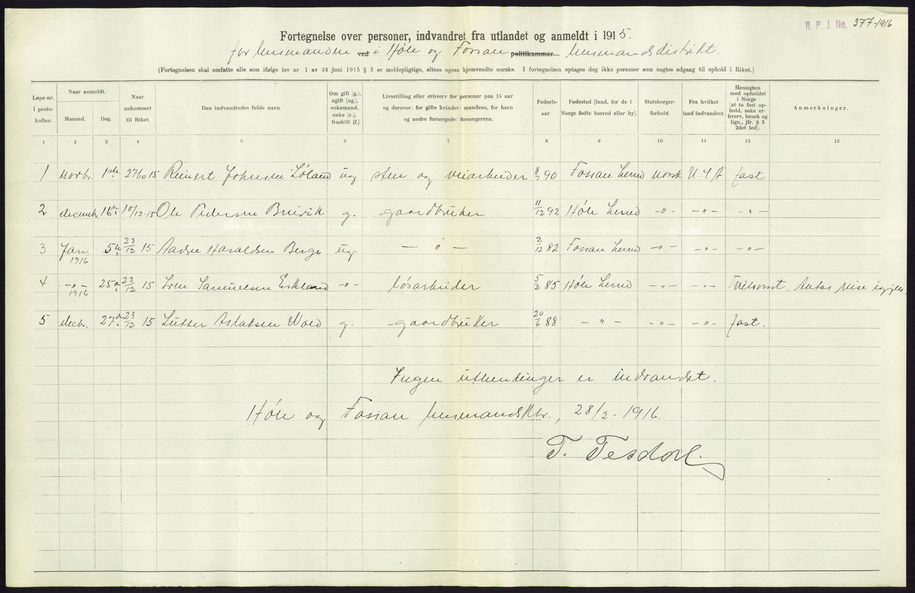 Statistisk sentralbyrå, Sosioøkonomiske emner, Folketellinger, boliger og boforhold, AV/RA-S-2231/F/Fa/L0001: Innvandring. Navn/fylkesvis, 1915, p. 386