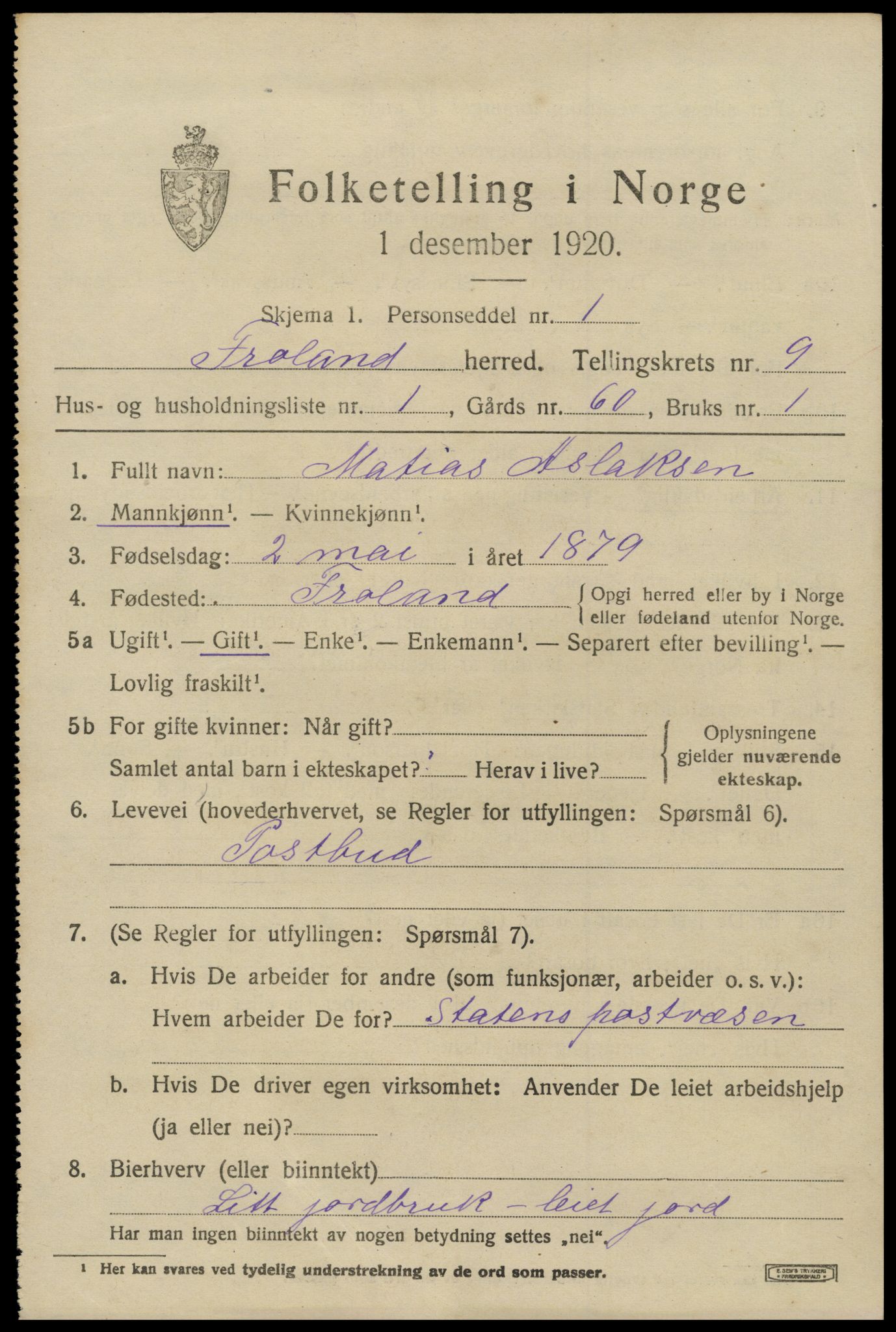 SAK, 1920 census for Froland, 1920, p. 4909