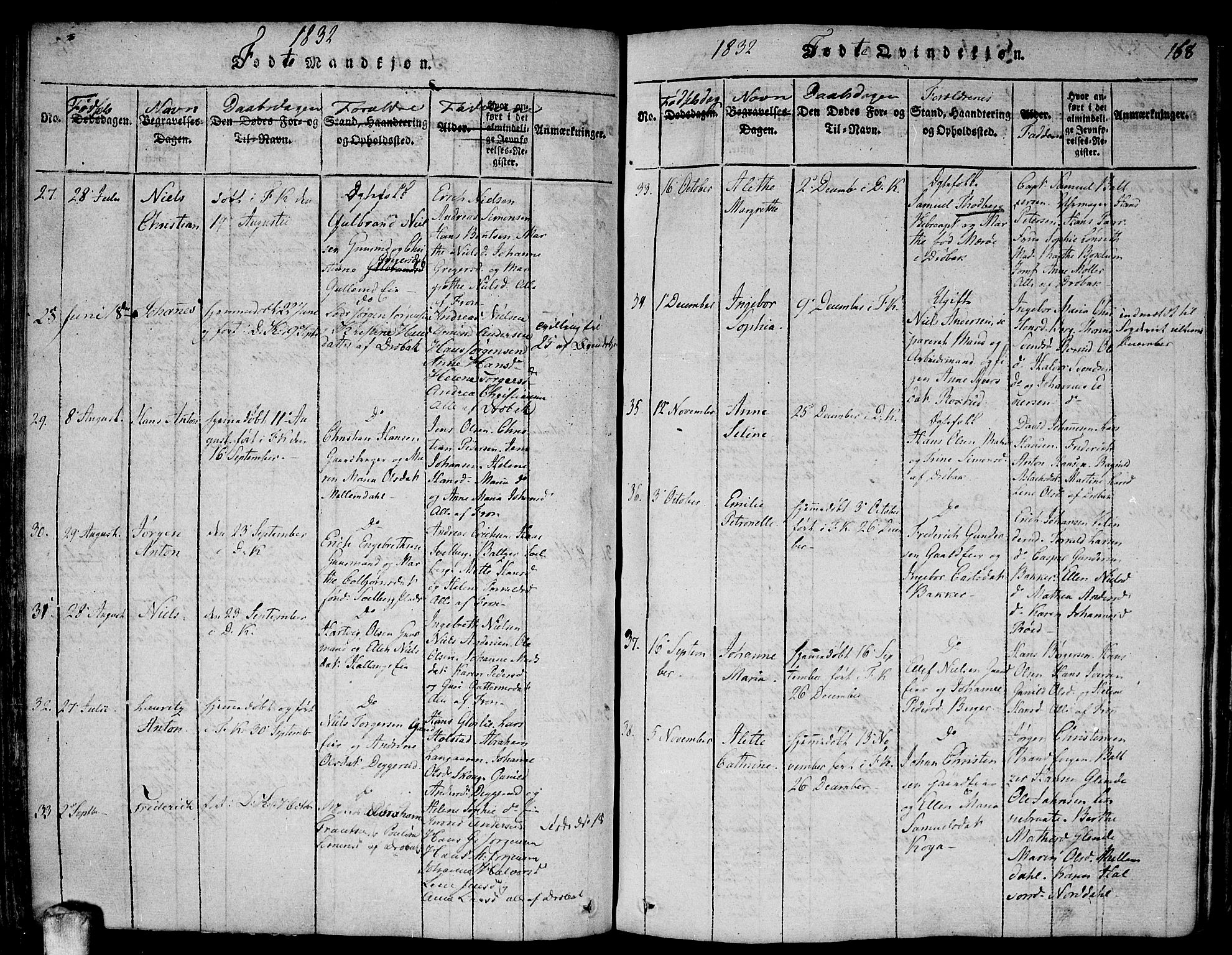 Drøbak prestekontor Kirkebøker, SAO/A-10142a/F/Fa/L0001: Parish register (official) no. I 1, 1816-1842, p. 168