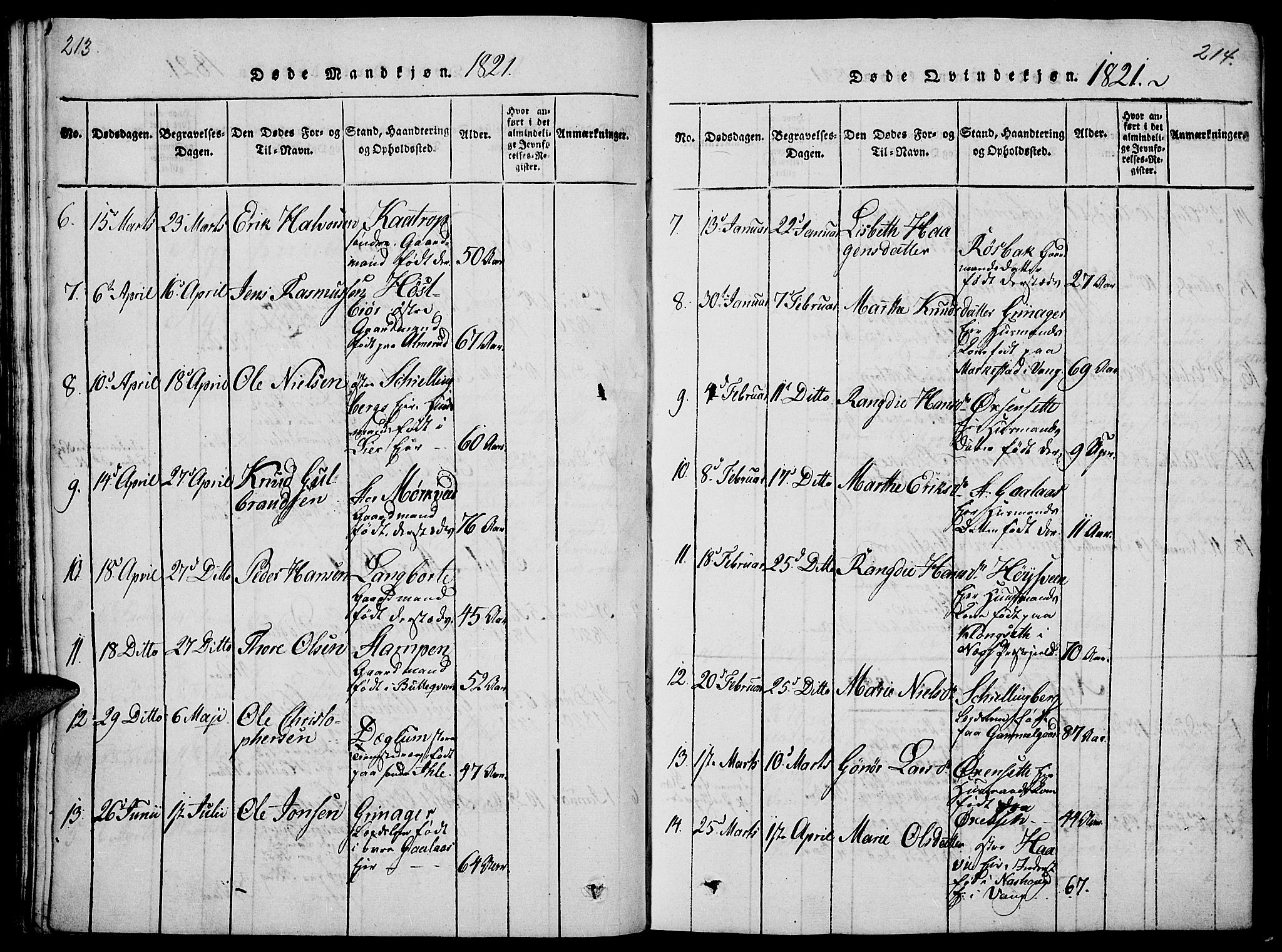 Vang prestekontor, Hedmark, SAH/PREST-008/H/Ha/Haa/L0008: Parish register (official) no. 8, 1815-1826, p. 213-214