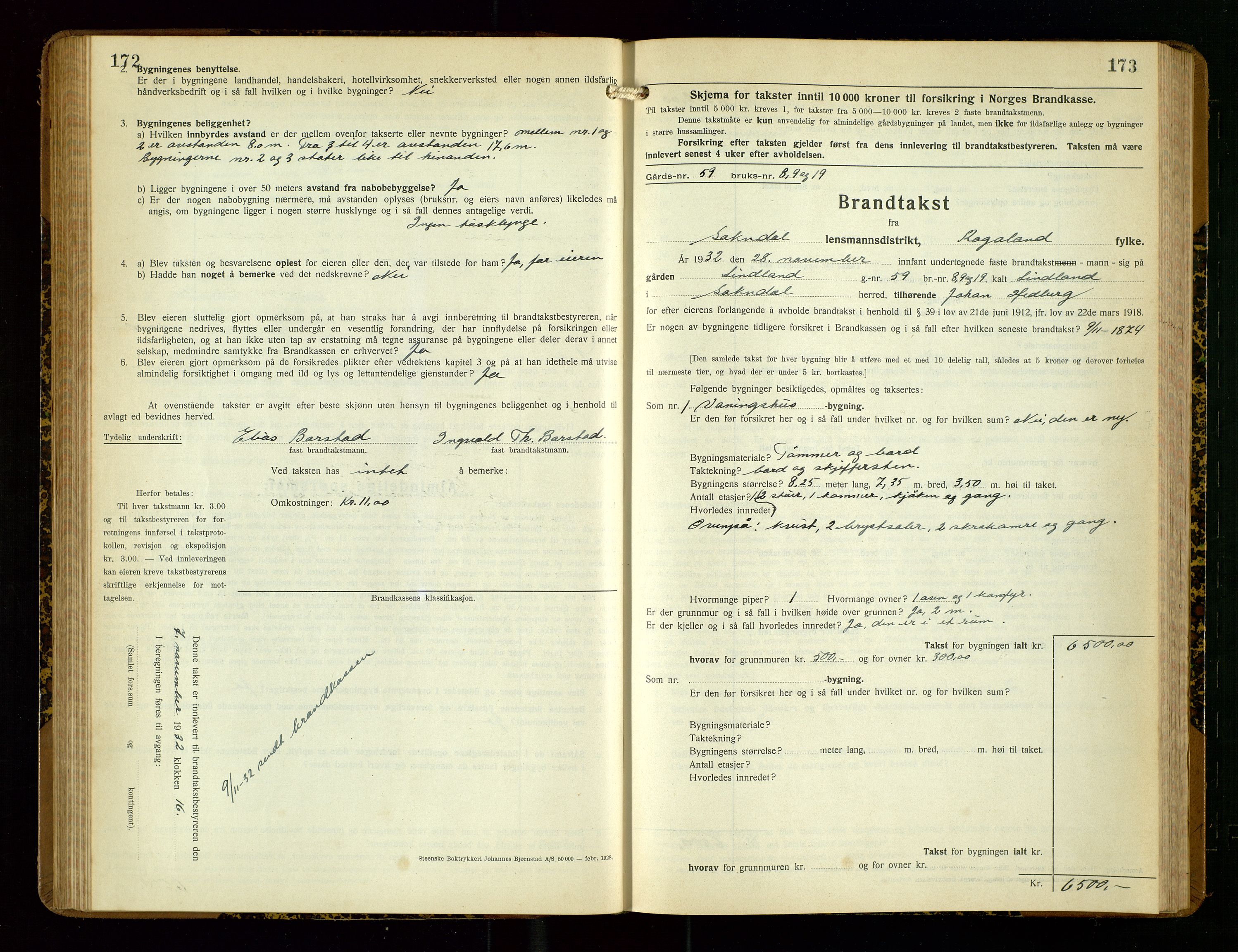 Sokndal lensmannskontor, SAST/A-100417/Gob/L0007: "Brandtakst-Protokoll", 1930-1936, p. 172-173