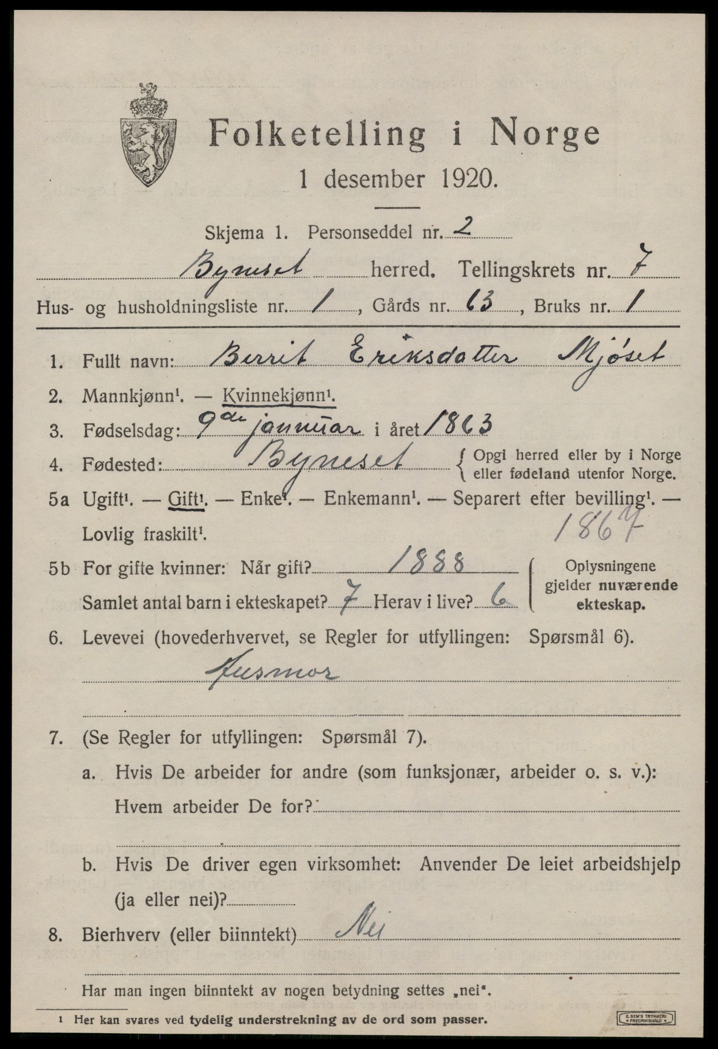 SAT, 1920 census for Byneset, 1920, p. 3466