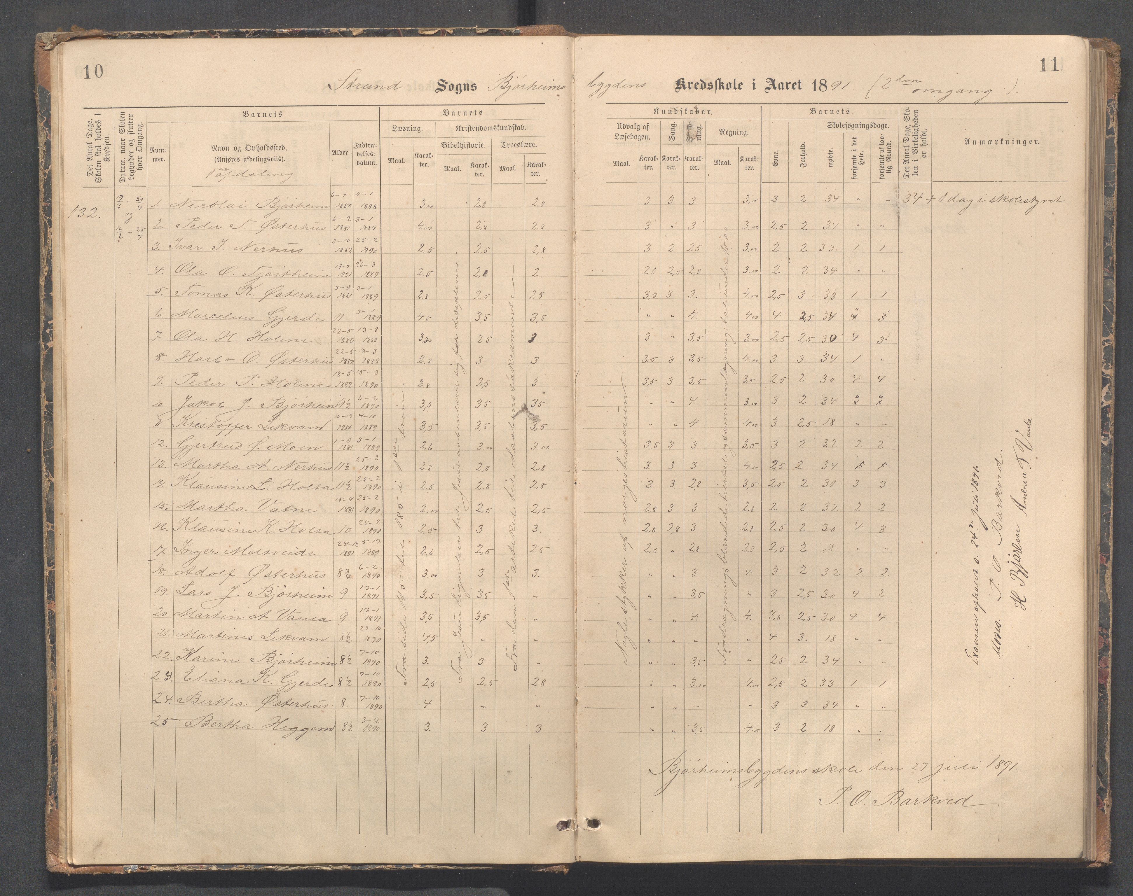 Strand kommune - Bjørheimsbygd skole, IKAR/A-147/H/L0002: Skoleprotokoll for Bjørheimsbygd og Lekvam krets, 1891-1907, p. 10-11