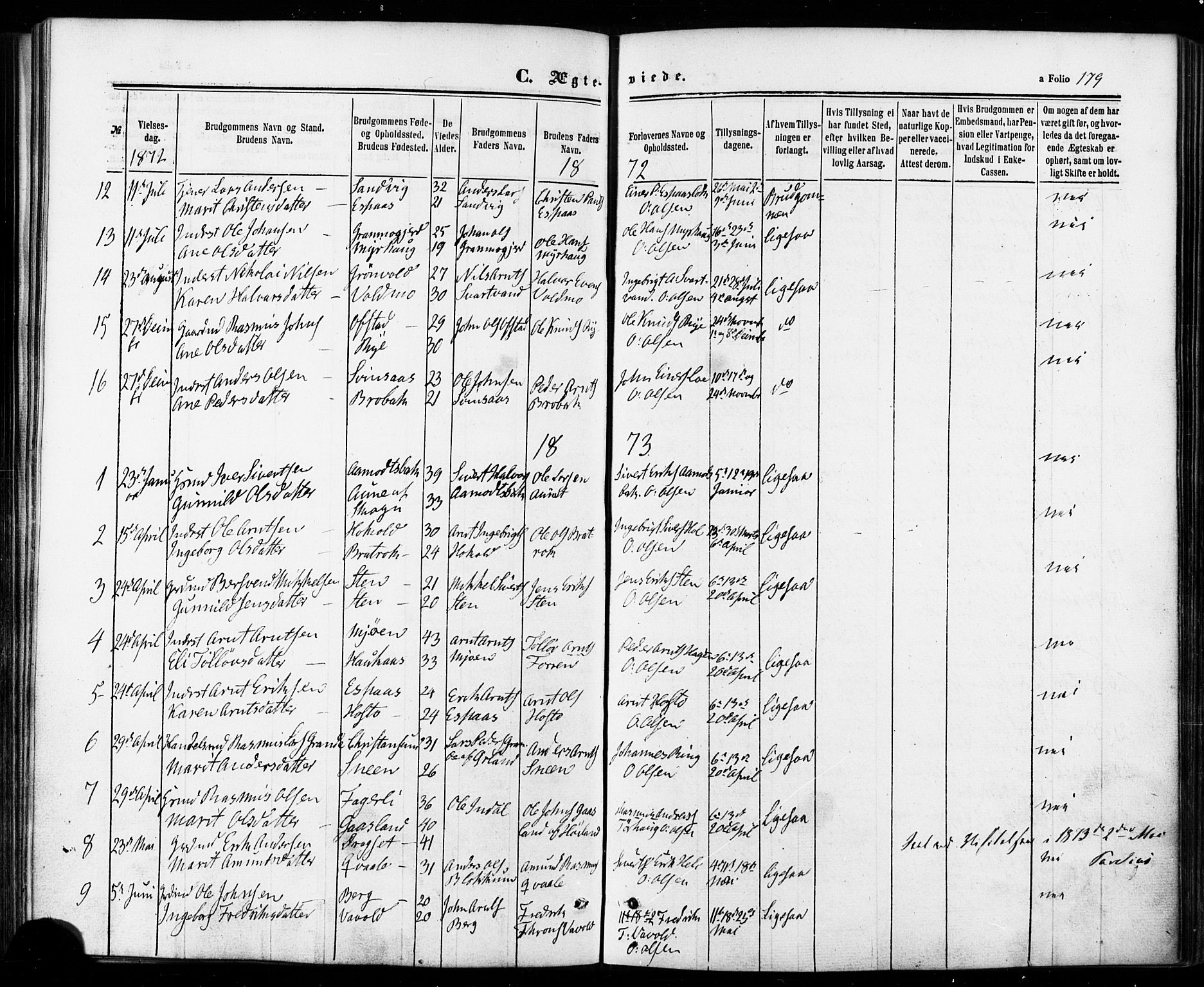 Ministerialprotokoller, klokkerbøker og fødselsregistre - Sør-Trøndelag, SAT/A-1456/672/L0856: Parish register (official) no. 672A08, 1861-1881, p. 179