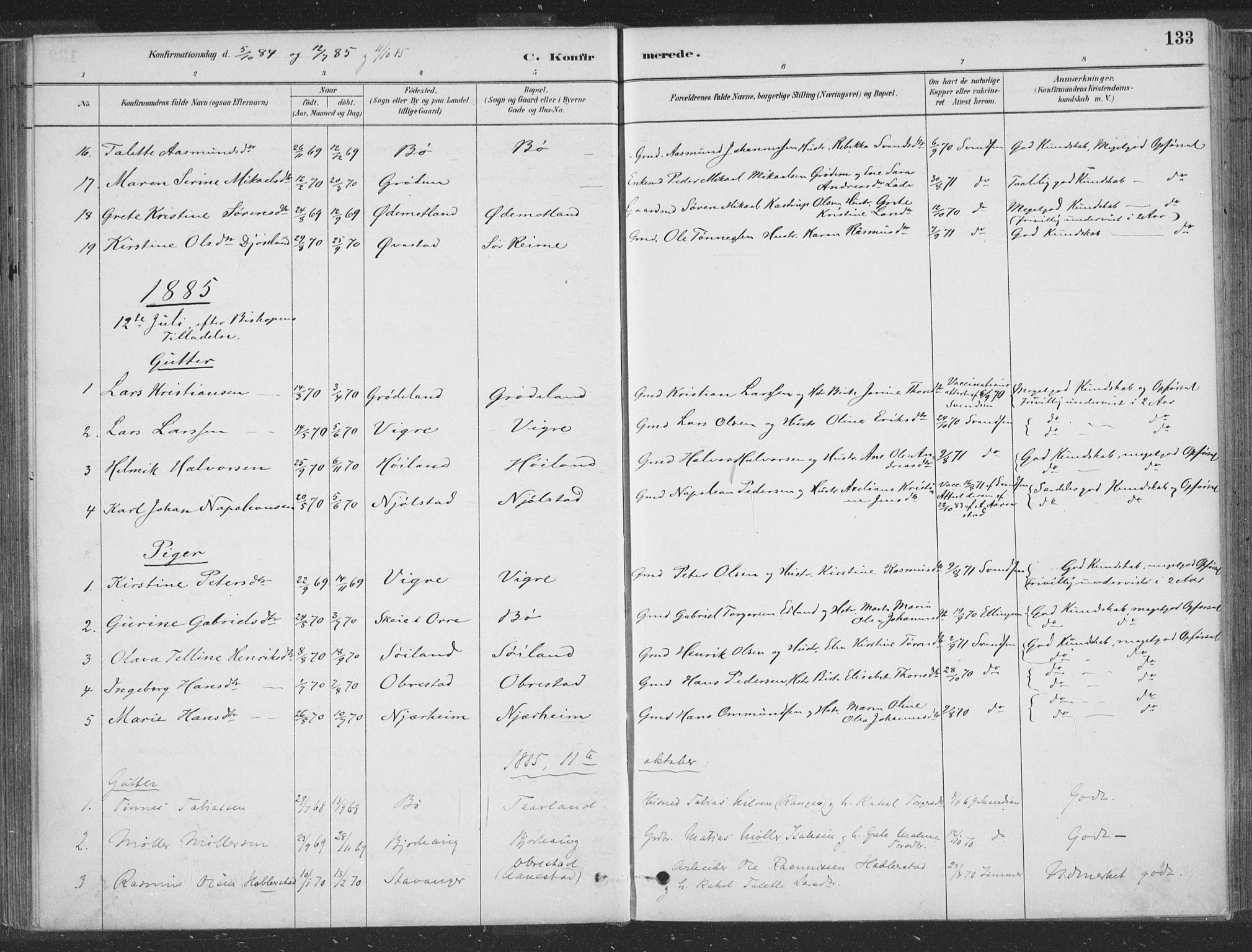 Hå sokneprestkontor, SAST/A-101801/001/30BA/L0010: Parish register (official) no. A 9, 1879-1896, p. 133