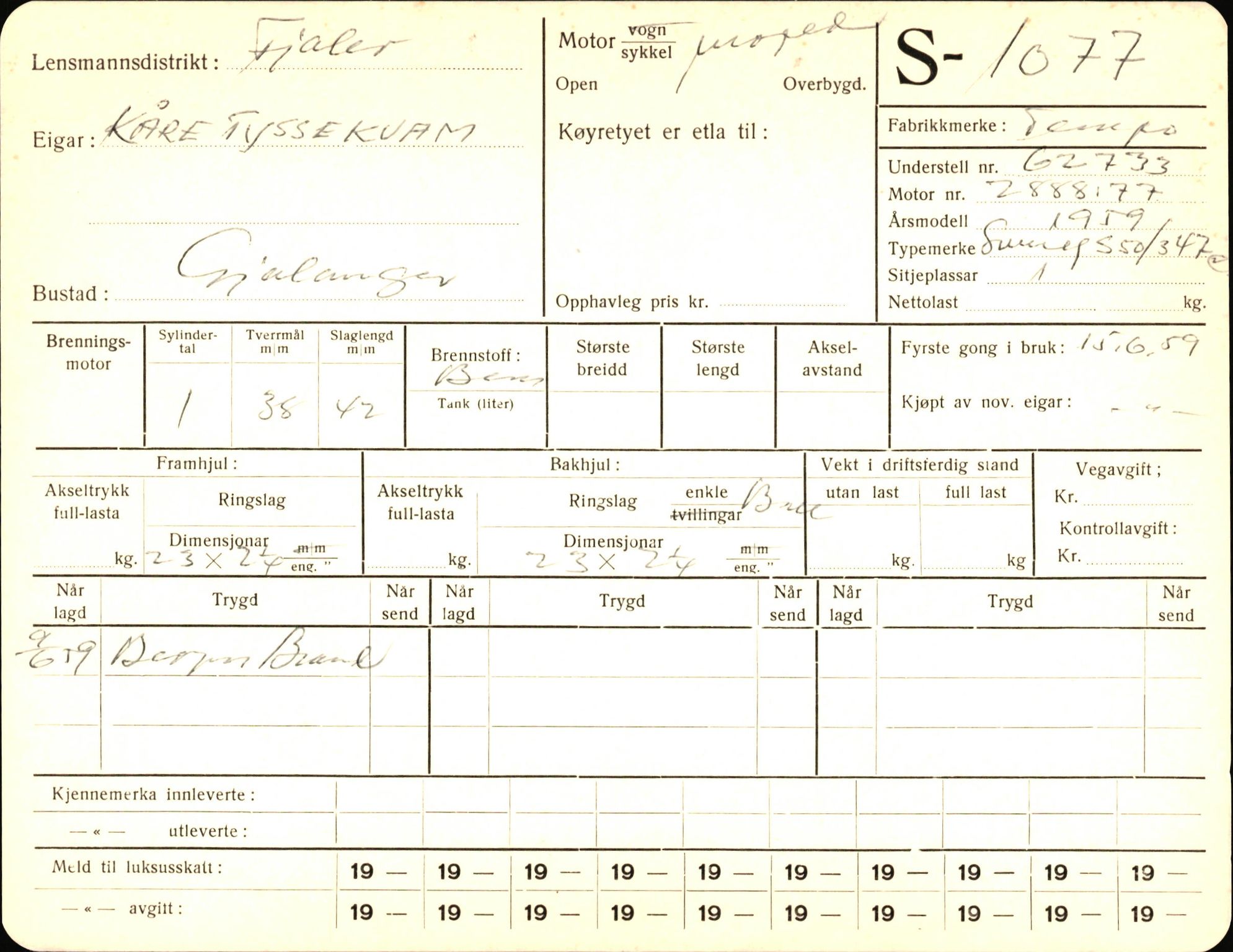 Statens vegvesen, Sogn og Fjordane vegkontor, AV/SAB-A-5301/4/F/L0003: Registerkort utmeldte Fjordane S1000-2499, 1930-1961, p. 127