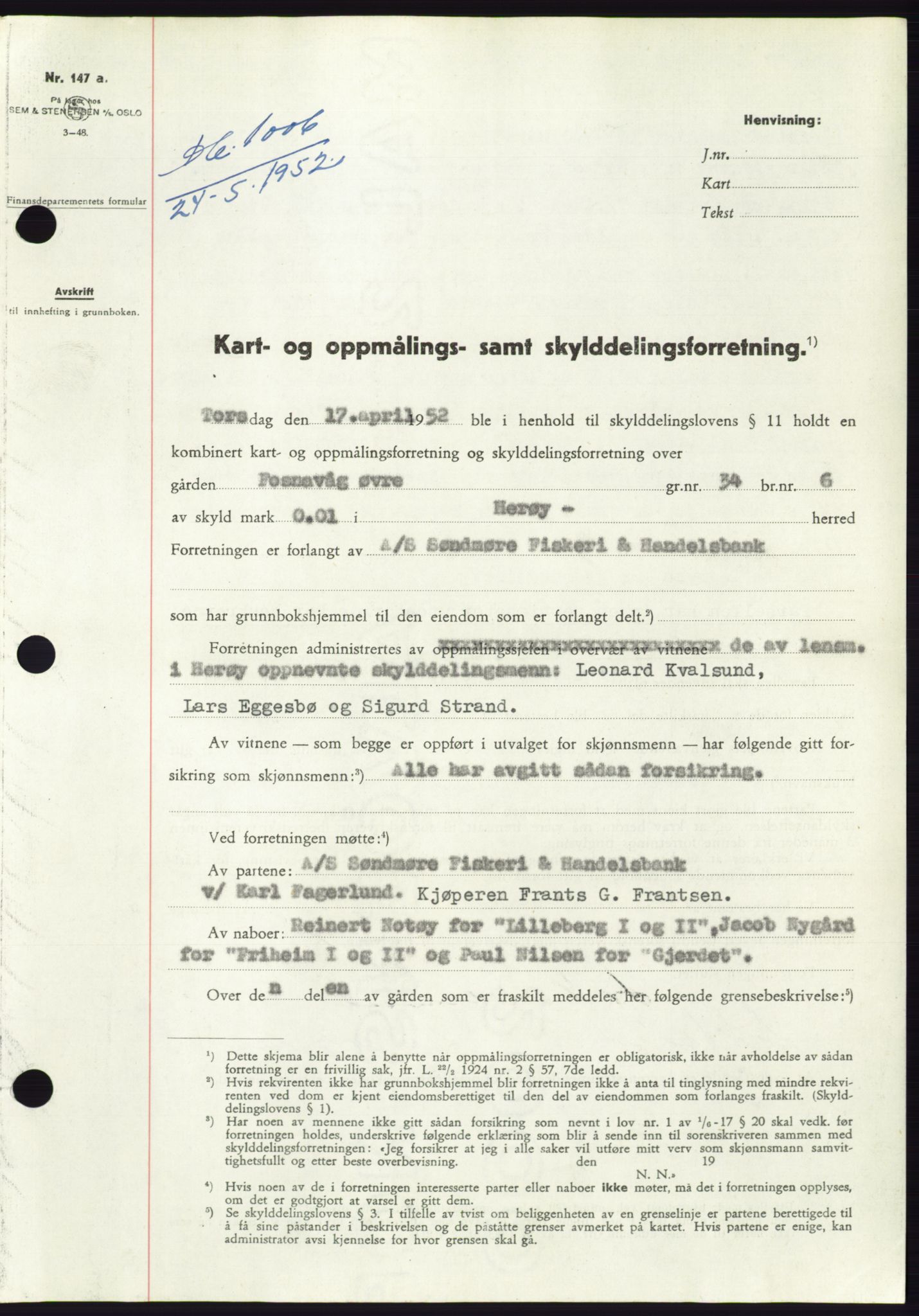 Søre Sunnmøre sorenskriveri, AV/SAT-A-4122/1/2/2C/L0092: Mortgage book no. 18A, 1952-1952, Diary no: : 1006/1952