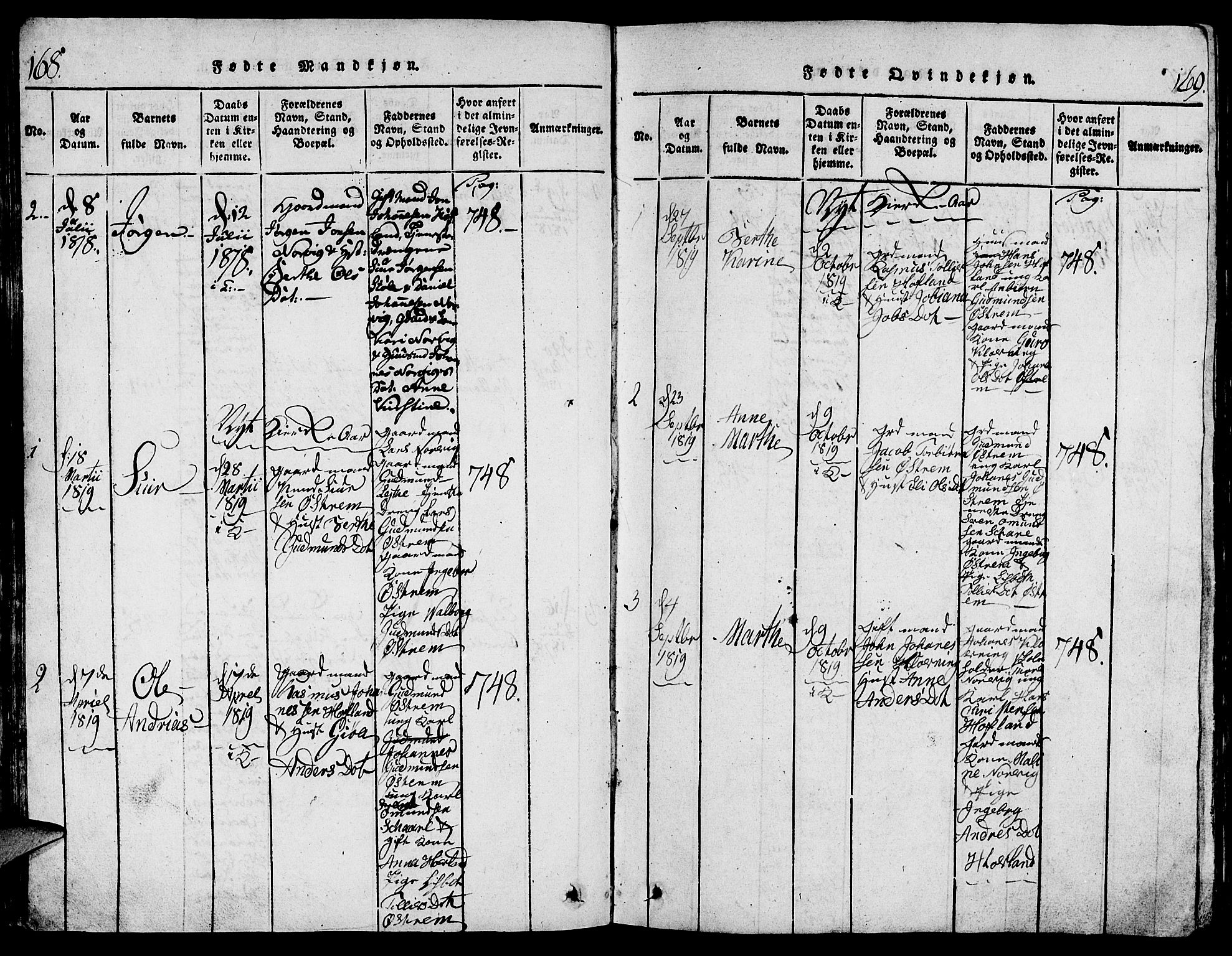 Torvastad sokneprestkontor, AV/SAST-A -101857/H/Ha/Hab/L0001: Parish register (copy) no. B 1 /2, 1817-1834, p. 168-169