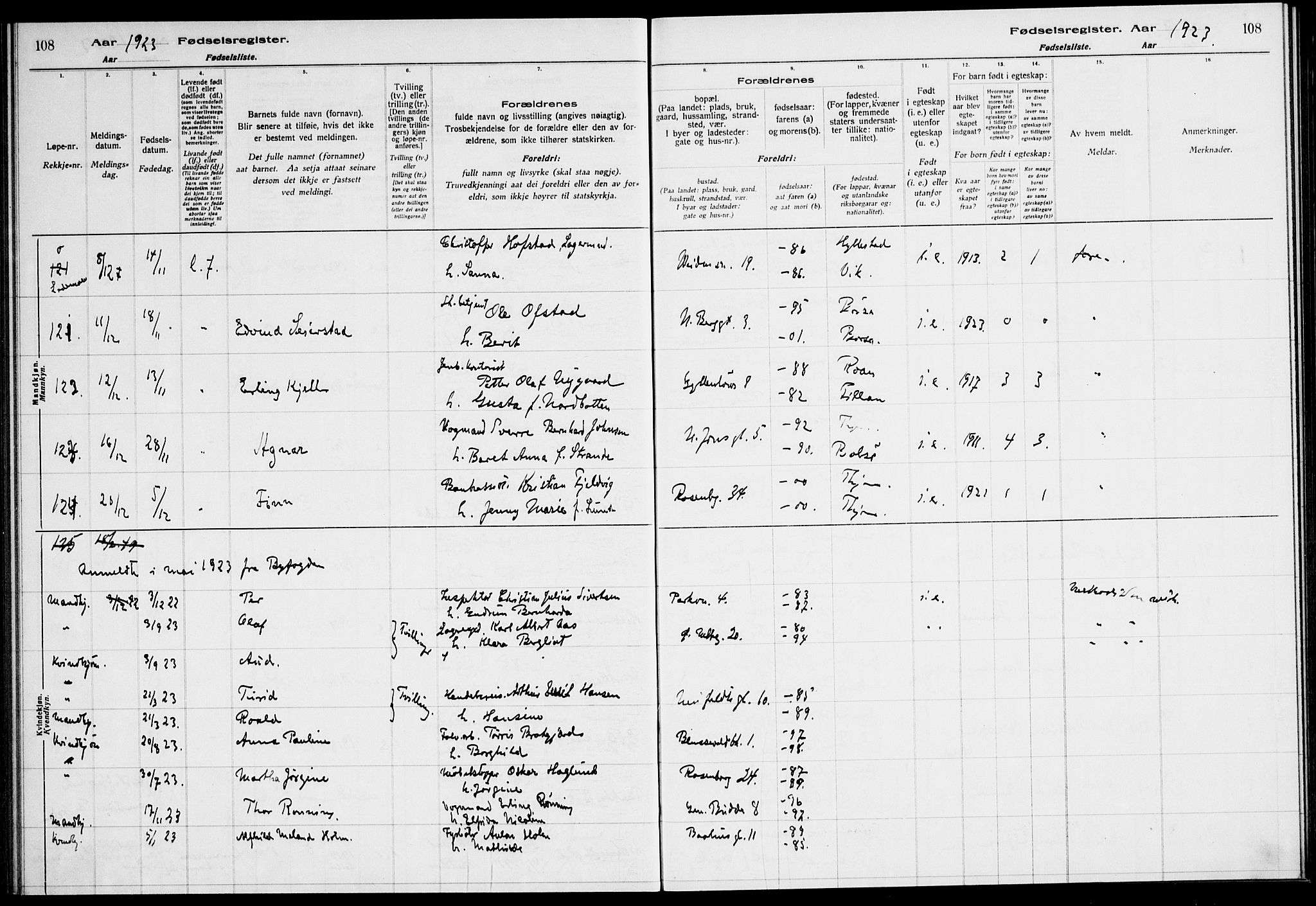 Ministerialprotokoller, klokkerbøker og fødselsregistre - Sør-Trøndelag, SAT/A-1456/604/L0233: Birth register no. 604.II.4.2, 1920-1928, p. 108