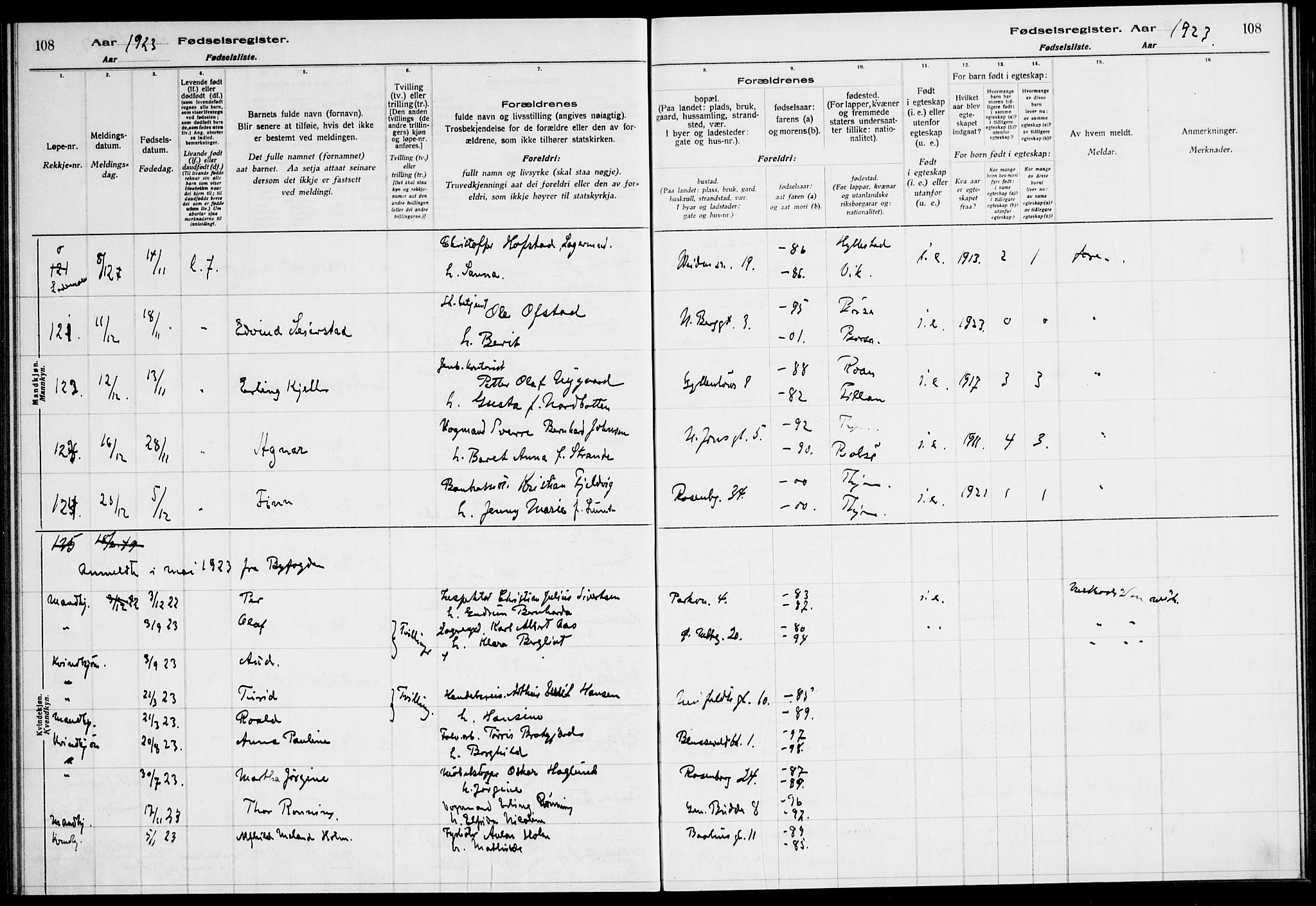 Ministerialprotokoller, klokkerbøker og fødselsregistre - Sør-Trøndelag, AV/SAT-A-1456/604/L0233: Birth register no. 604.II.4.2, 1920-1928, p. 108