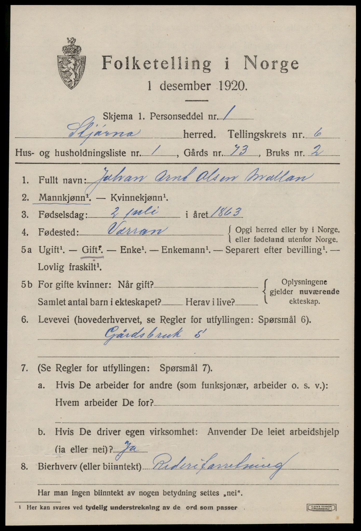 SAT, 1920 census for Stjørna, 1920, p. 4598