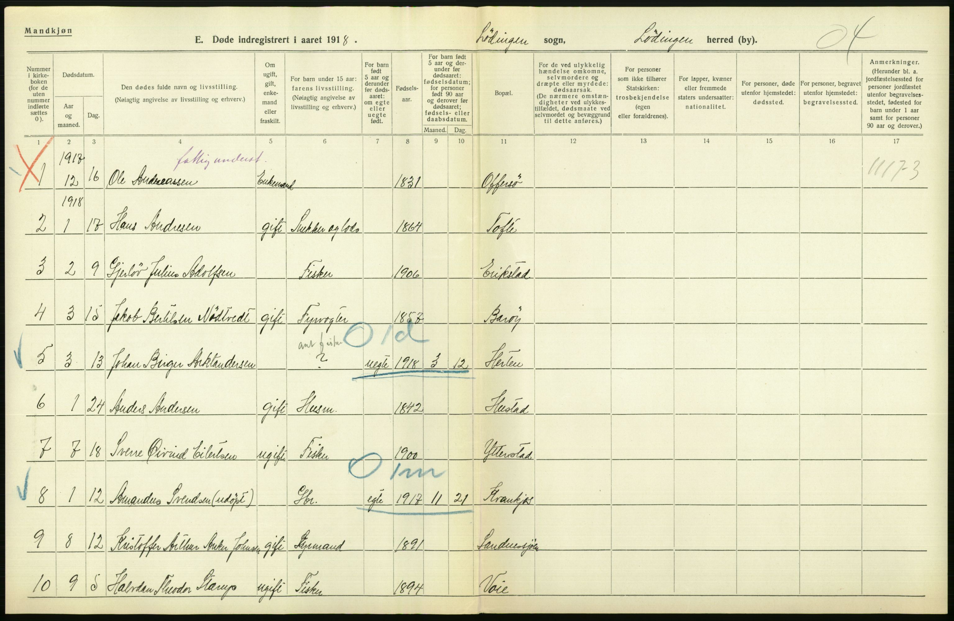 Statistisk sentralbyrå, Sosiodemografiske emner, Befolkning, RA/S-2228/D/Df/Dfb/Dfbh/L0055: Nordland fylke: Døde. Bygder og byer., 1918, p. 386