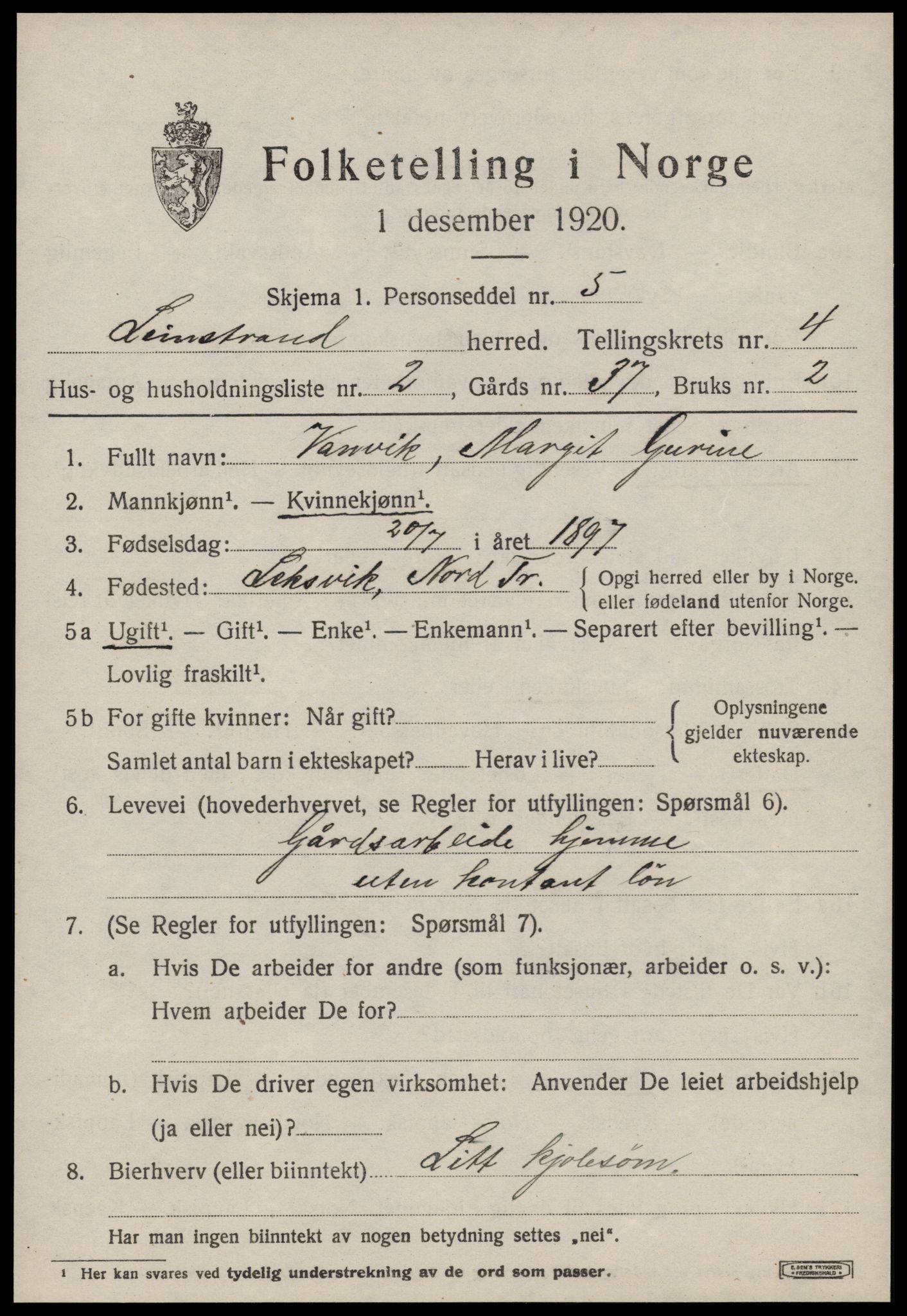 SAT, 1920 census for Leinstrand, 1920, p. 3825