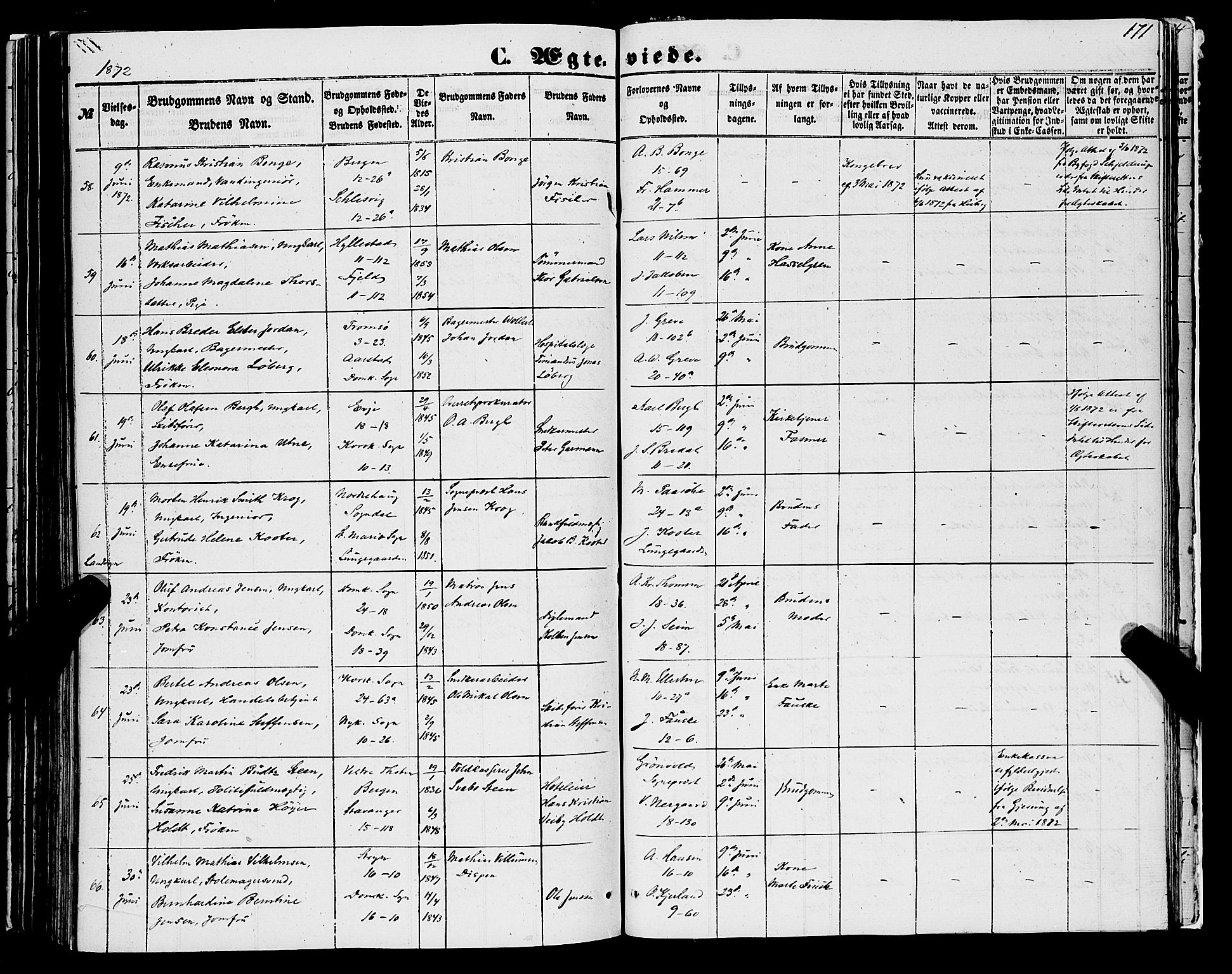 Domkirken sokneprestembete, AV/SAB-A-74801/H/Haa/L0034: Parish register (official) no. D 2, 1853-1874, p. 171