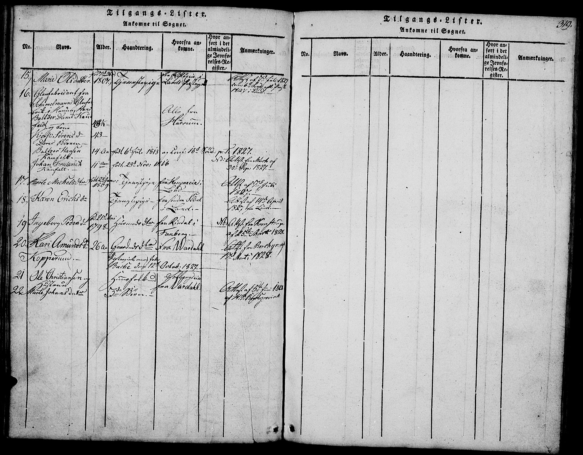 Biri prestekontor, SAH/PREST-096/H/Ha/Hab/L0001: Parish register (copy) no. 1, 1814-1828, p. 319