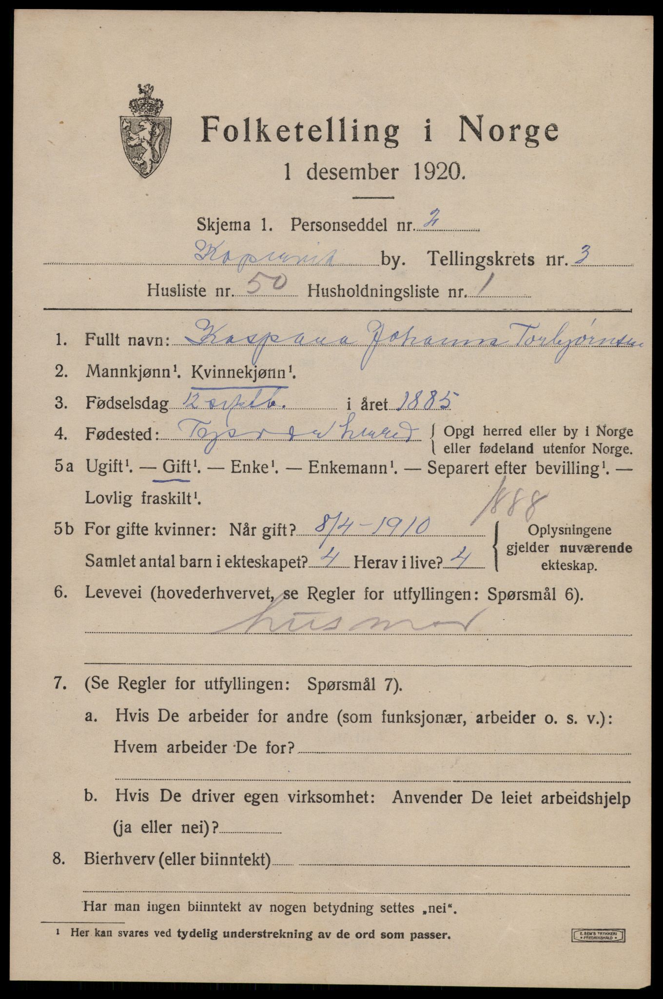 SAST, 1920 census for Kopervik, 1920, p. 4752