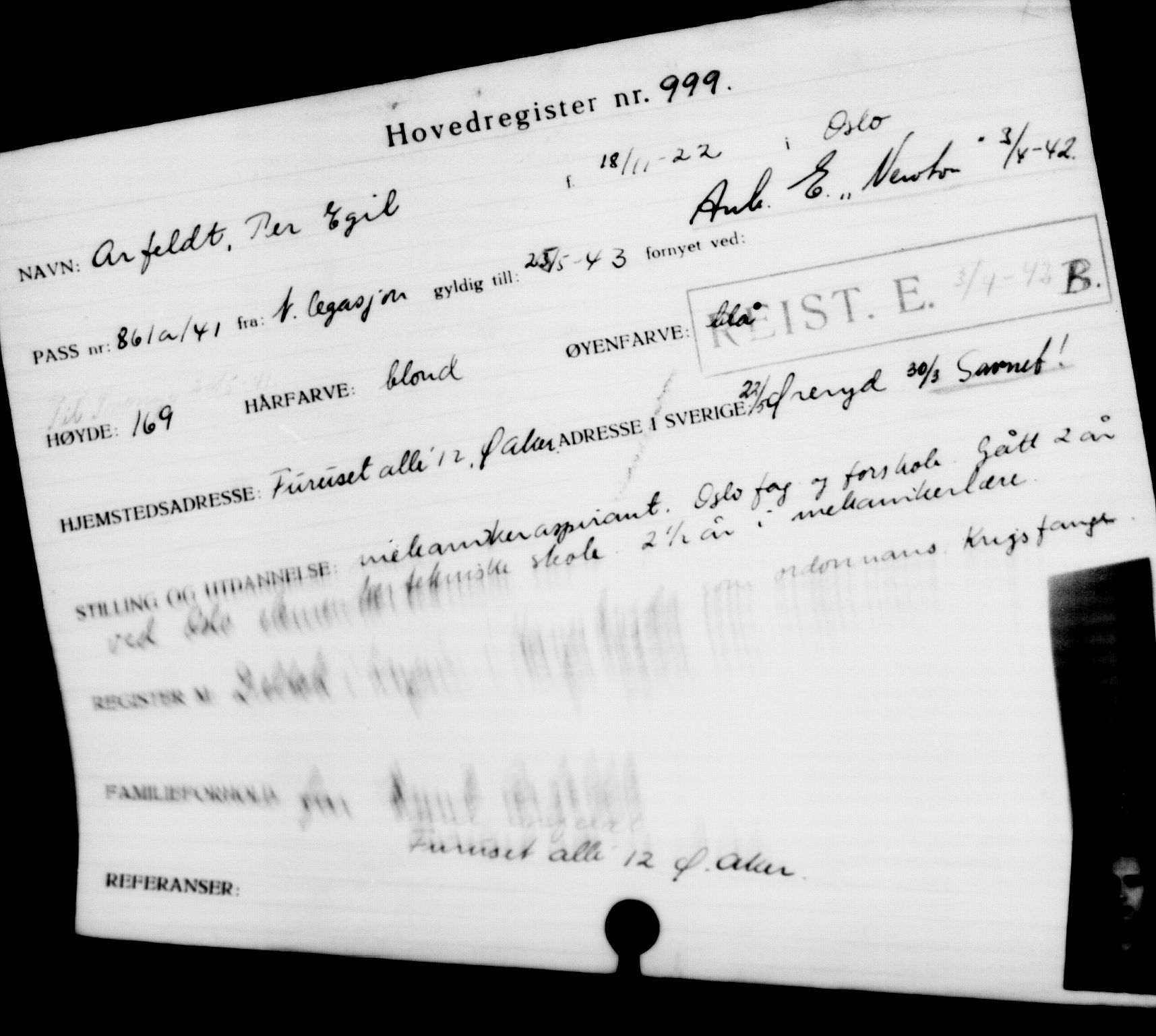 Utenriksstasjonene, Legasjonen i Stockholm, Flyktningkontoret, AV/RA-S-6753/V/Va/L0001: Kjesäterkartoteket, flyktninger med registreringsnr. 1-1000, 1940-1945, p. 1544