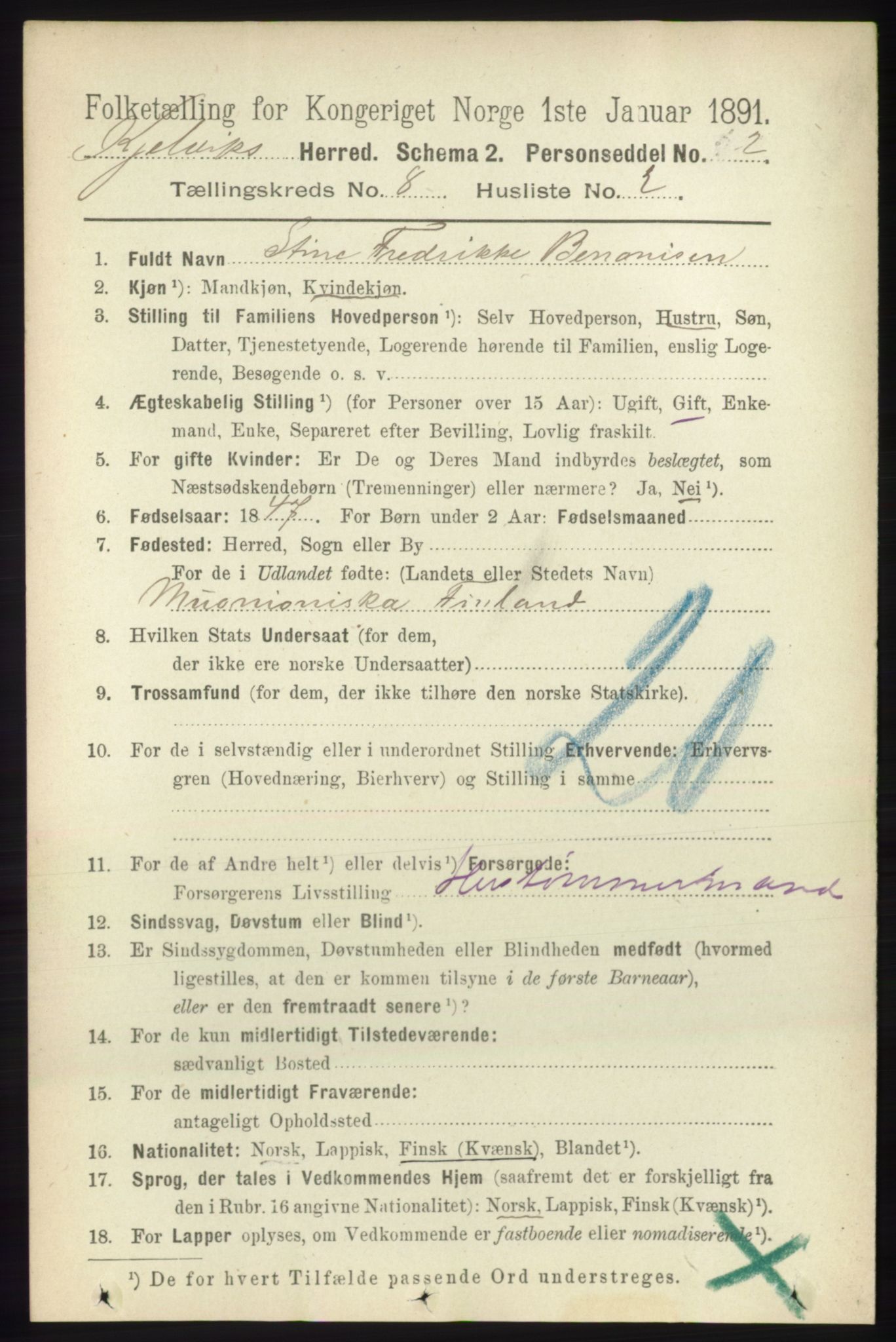 RA, 1891 census for 2019 Kjelvik, 1891, p. 1196