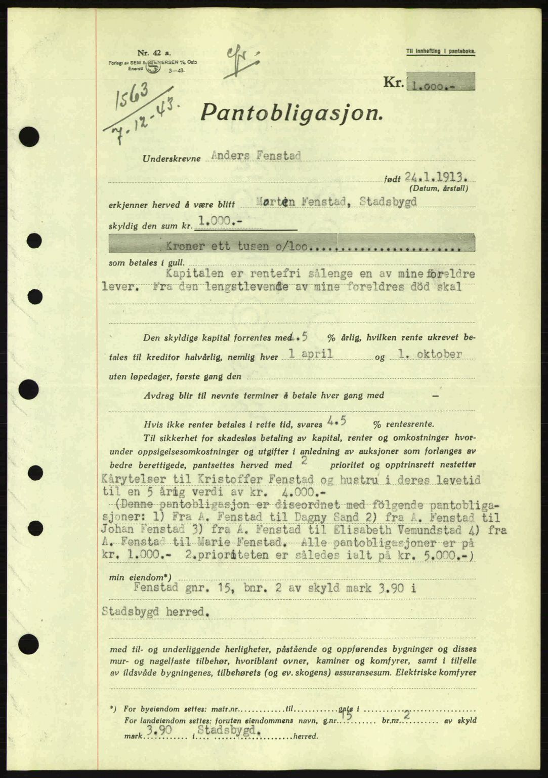 Fosen sorenskriveri, AV/SAT-A-1107/1/2/2C: Mortgage book no. B1, 1943-1945, Diary no: : 1563/1943