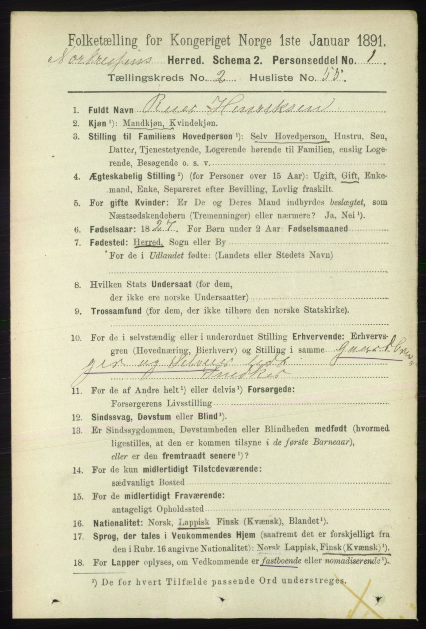 RA, 1891 census for 1942 Nordreisa, 1891, p. 1182