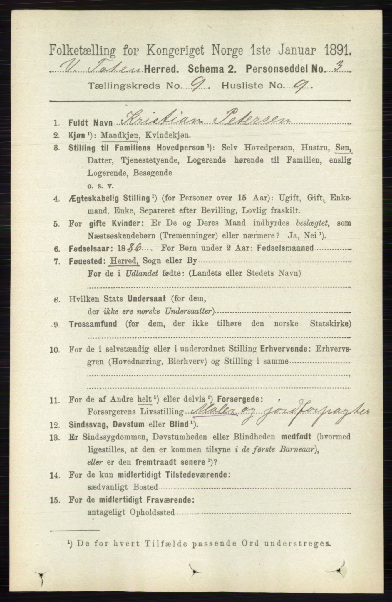 RA, 1891 census for 0529 Vestre Toten, 1891, p. 5607