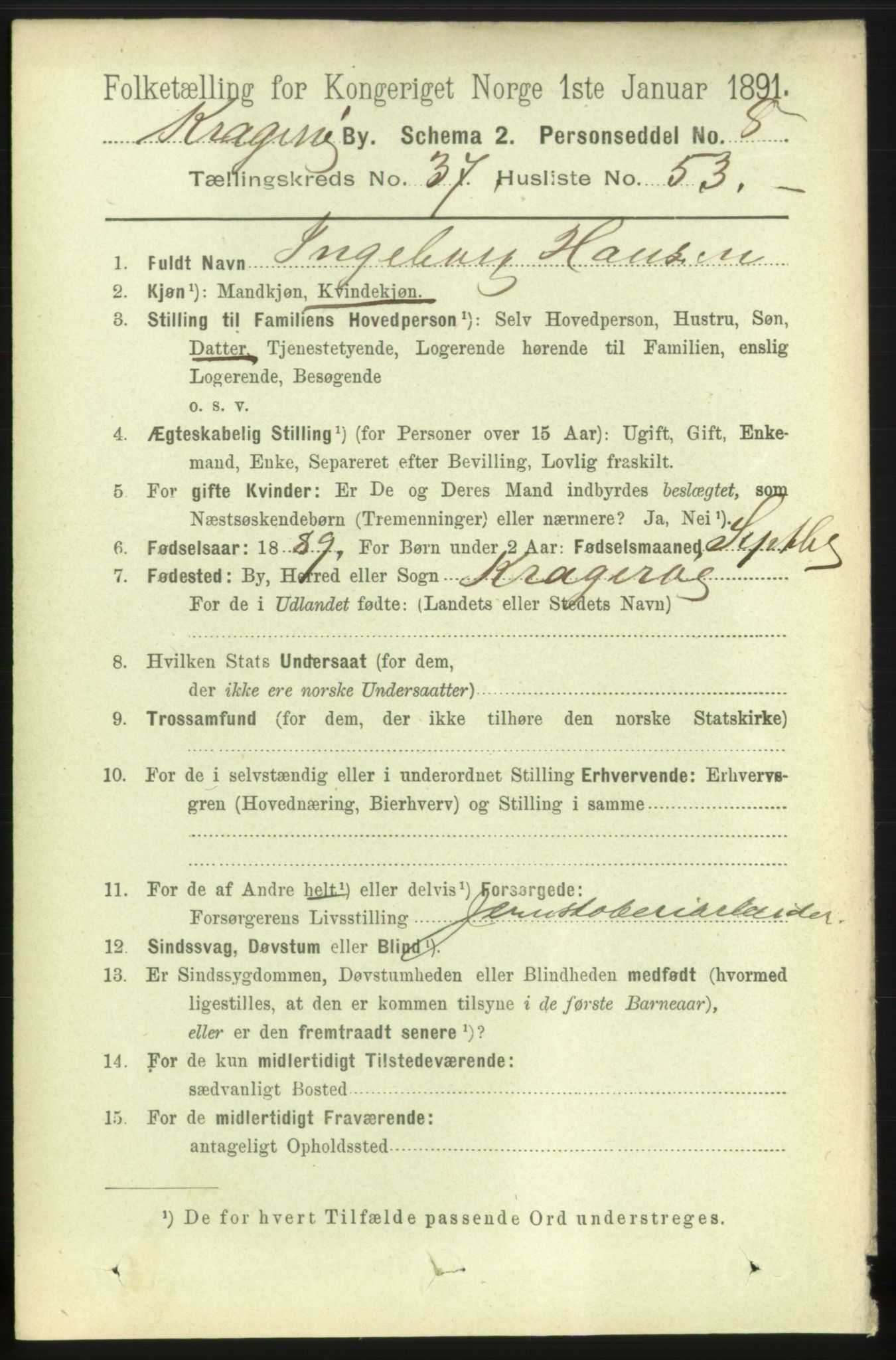 RA, 1891 census for 0801 Kragerø, 1891, p. 7121