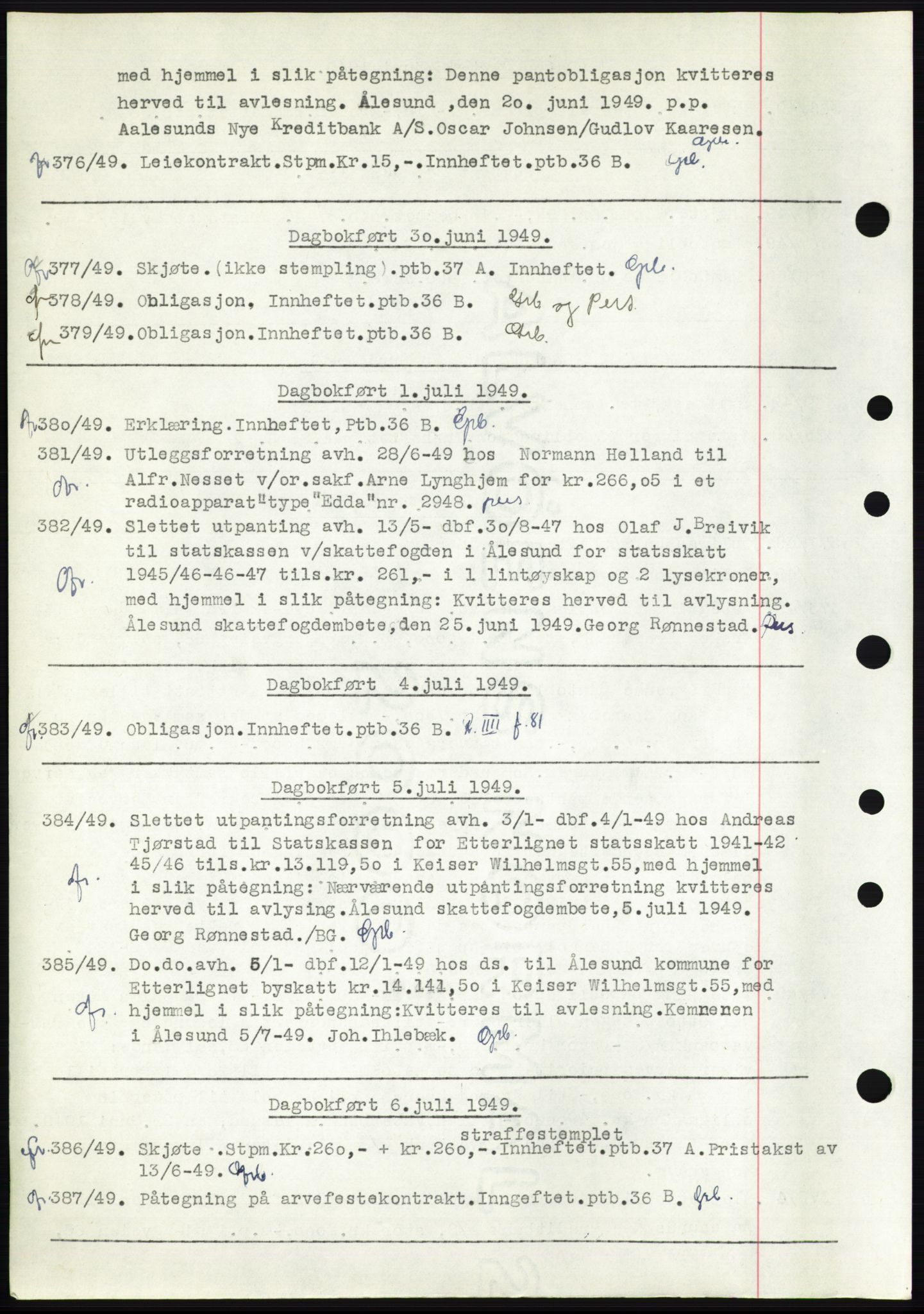 Ålesund byfogd, AV/SAT-A-4384: Mortgage book no. C34-35, 1946-1950, Diary no: : 376/1949