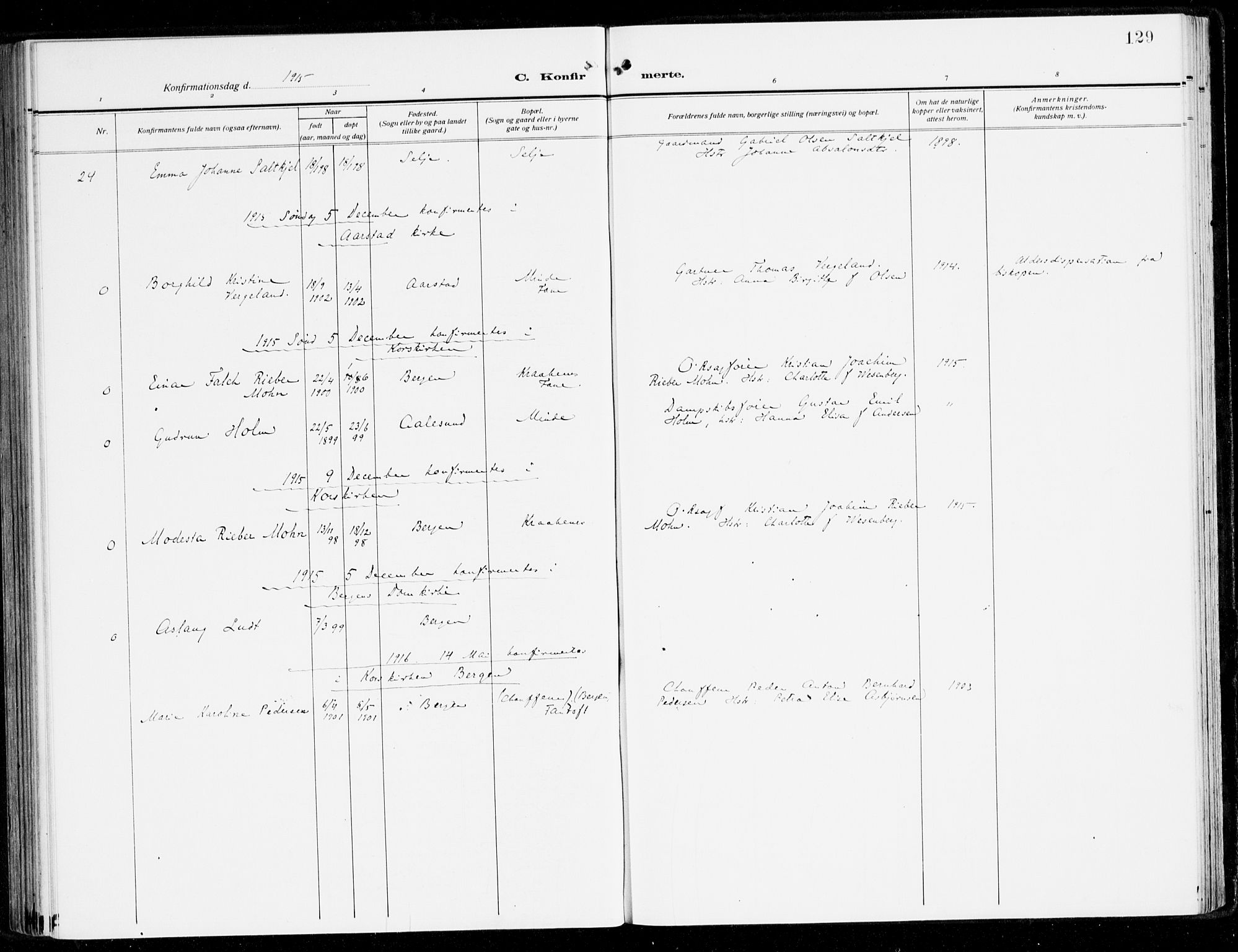 Fana Sokneprestembete, AV/SAB-A-75101/H/Haa/Haai/L0004: Parish register (official) no. I 4, 1912-1933, p. 129