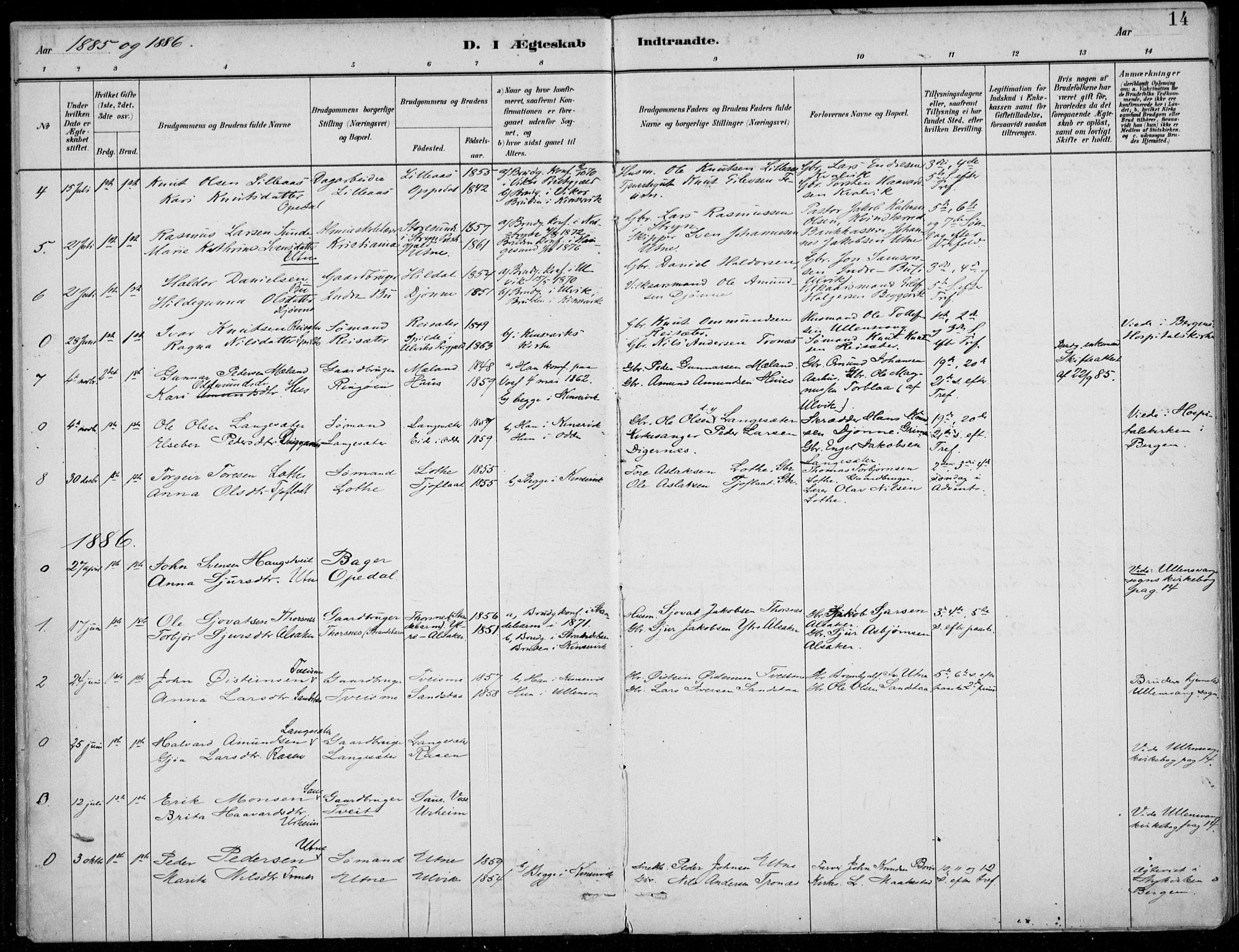 Ullensvang sokneprestembete, AV/SAB-A-78701/H/Haa: Parish register (official) no. E  3, 1883-1916, p. 14