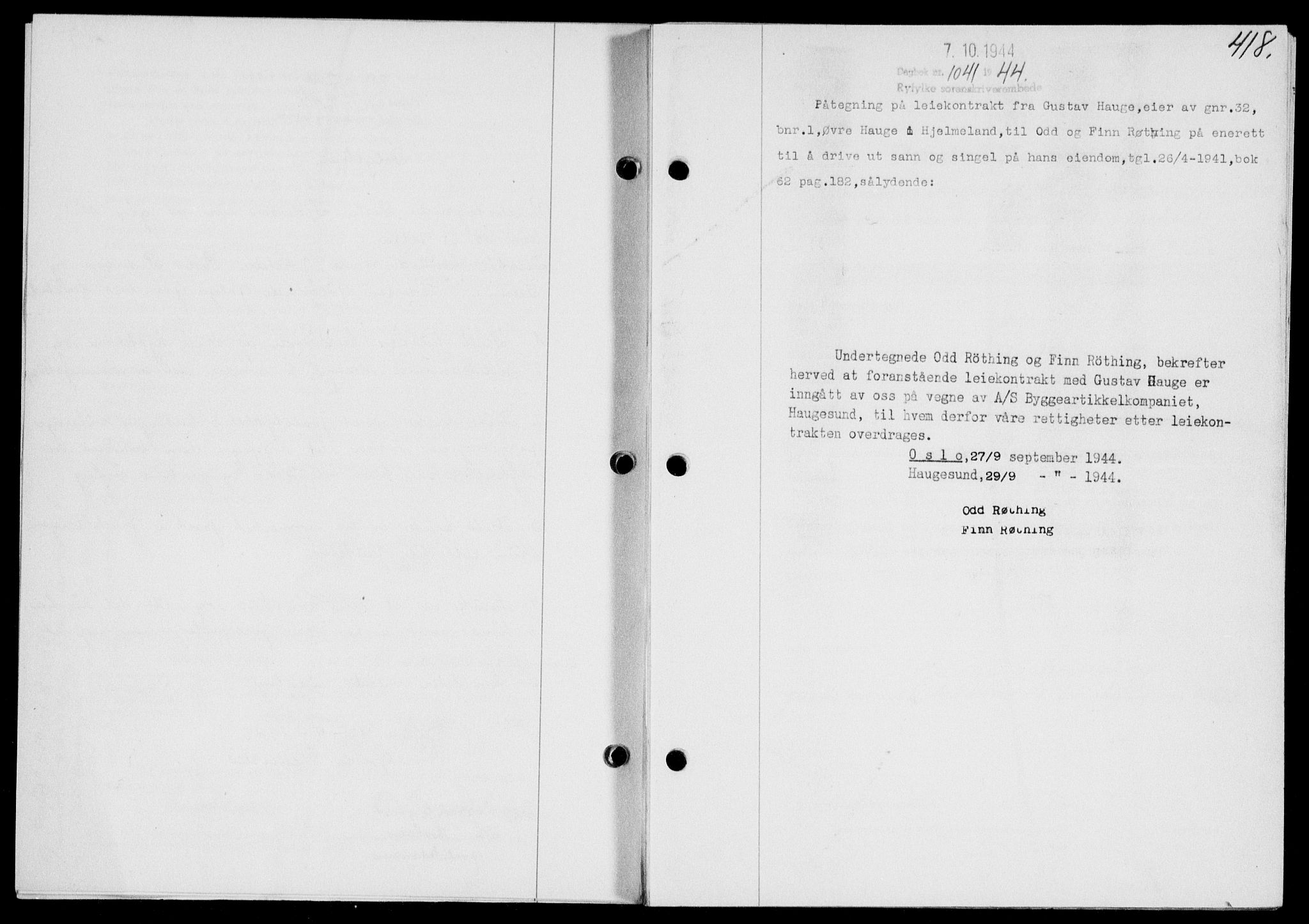 Ryfylke tingrett, SAST/A-100055/001/II/IIB/L0090: Mortgage book no. 69, 1943-1945, Diary no: : 1041/1944