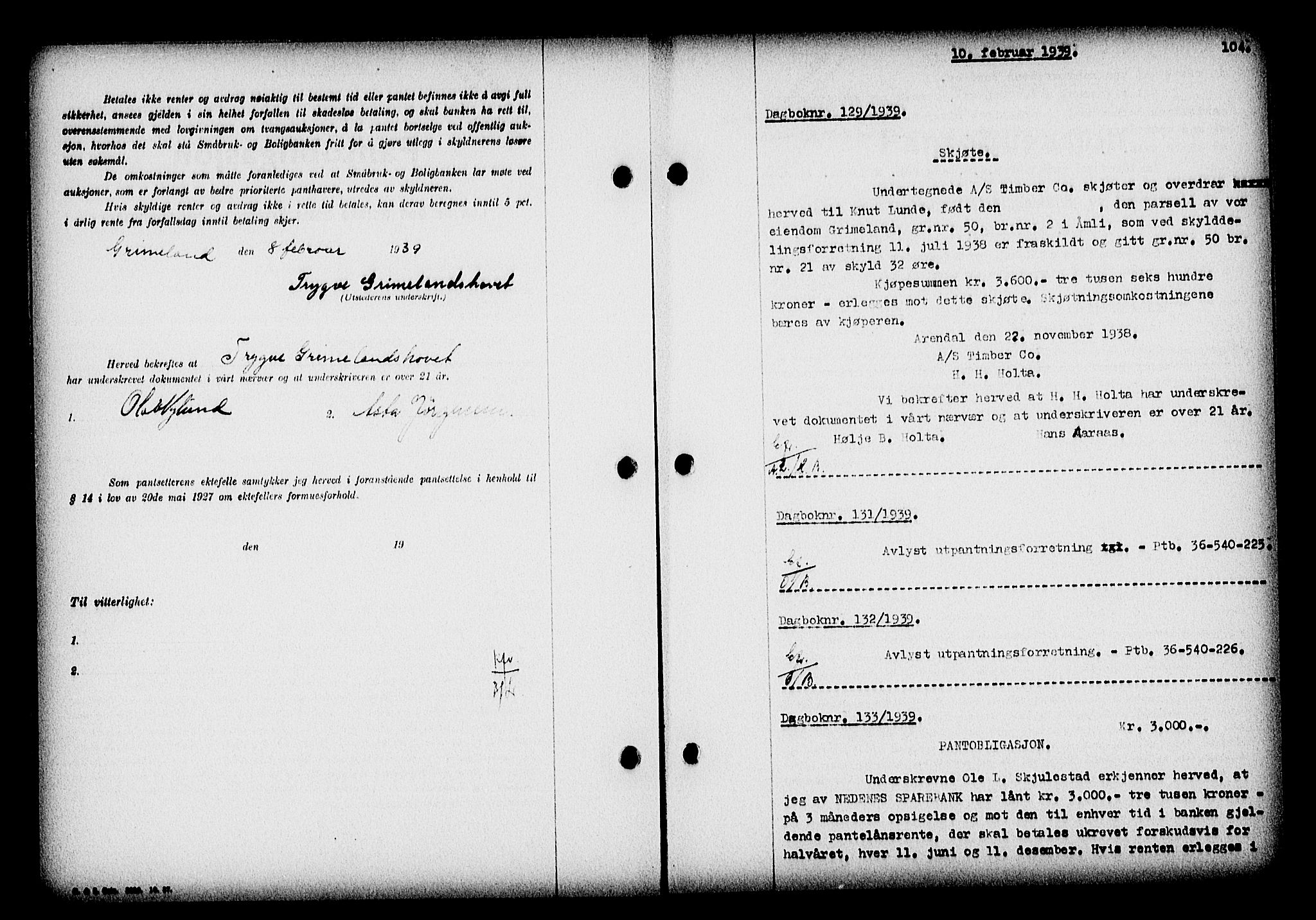 Nedenes sorenskriveri, AV/SAK-1221-0006/G/Gb/Gba/L0046: Mortgage book no. 42, 1938-1939, Diary no: : 129/1939