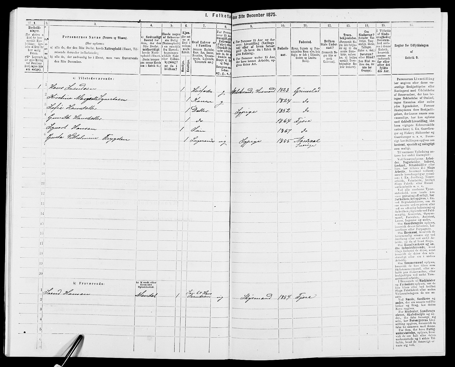 SAK, 1875 census for 0923L Fjære/Fjære, 1875, p. 276