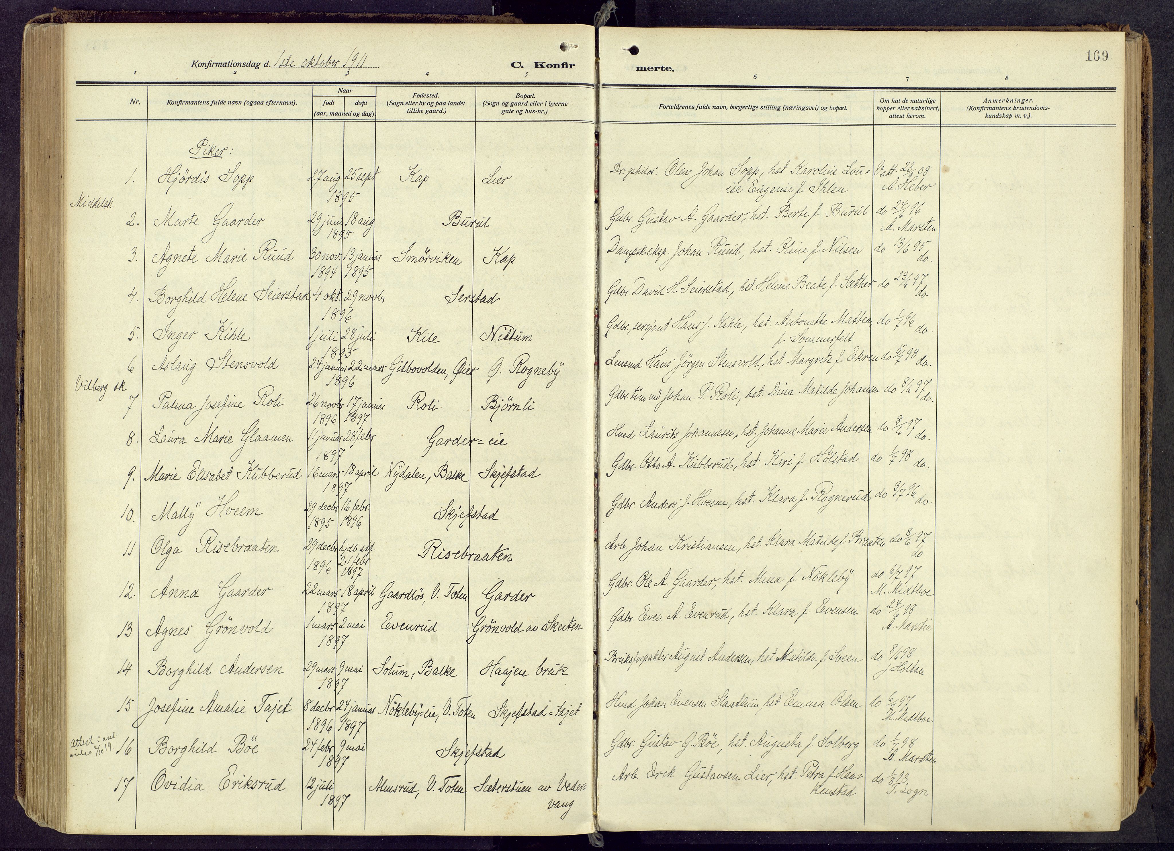 Østre Toten prestekontor, AV/SAH-PREST-104/H/Ha/Haa/L0010: Parish register (official) no. 10, 1910-1920, p. 169