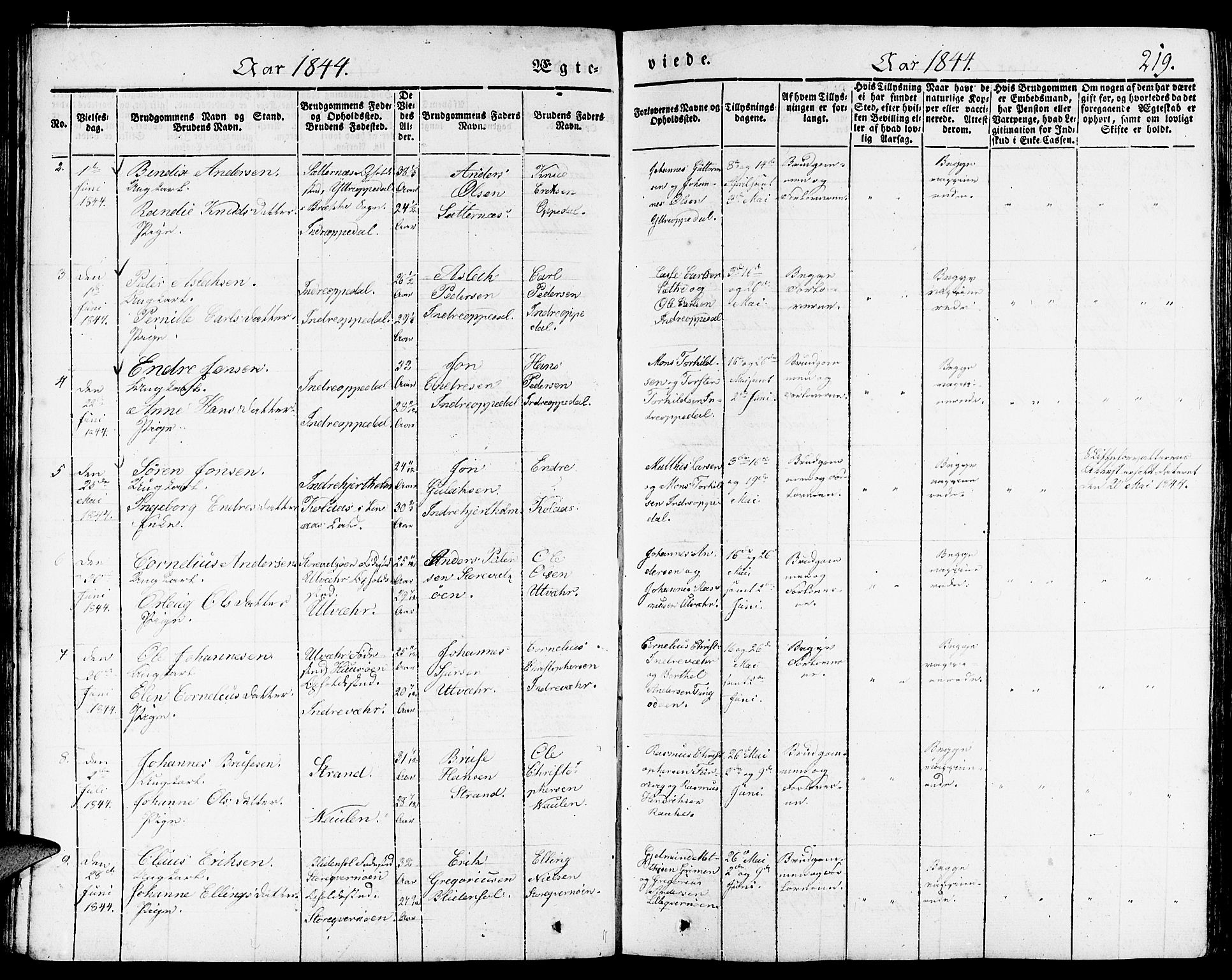 Gulen sokneprestembete, AV/SAB-A-80201/H/Haa/Haaa/L0020: Parish register (official) no. A 20, 1837-1847, p. 219