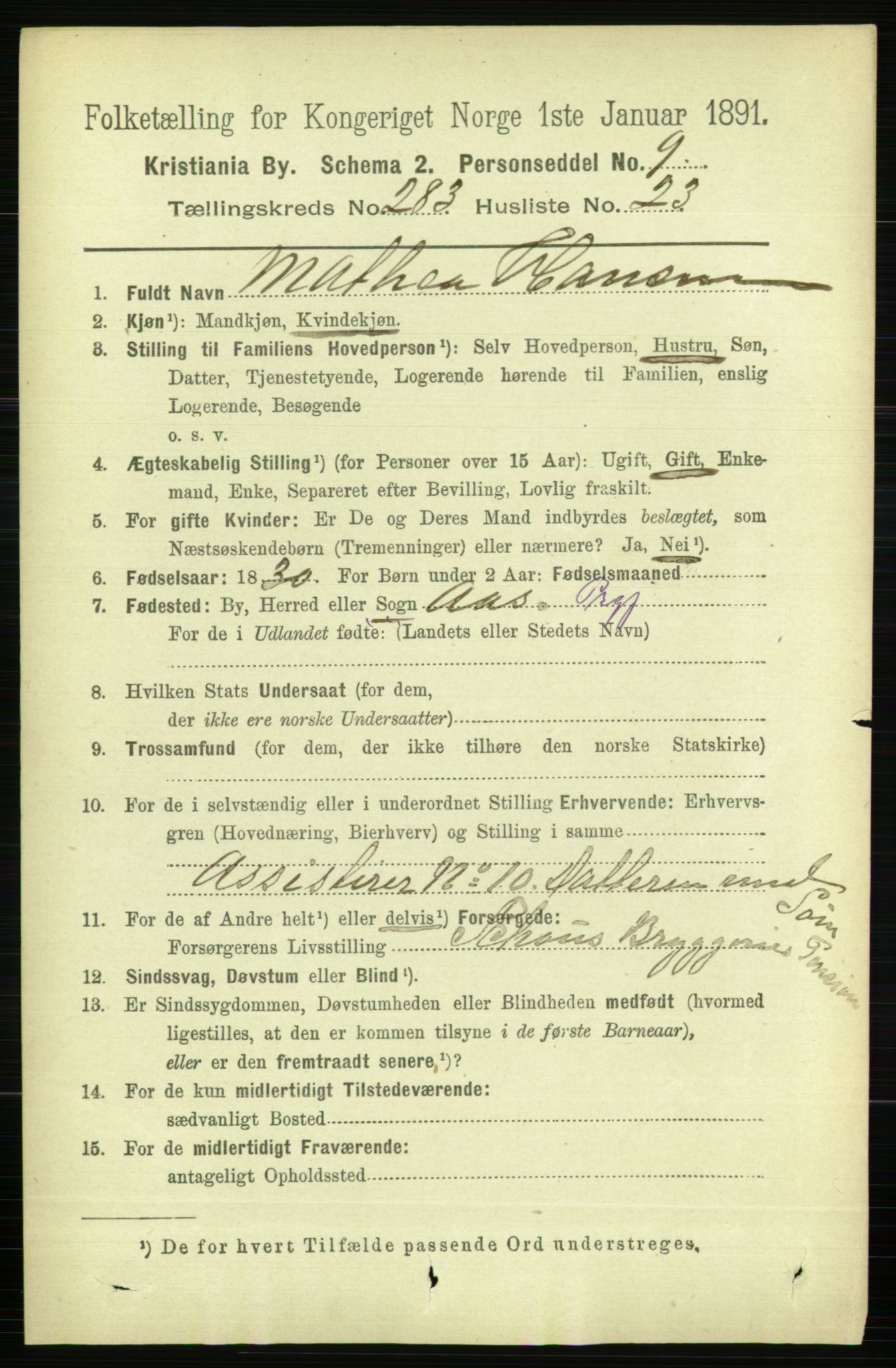 RA, 1891 census for 0301 Kristiania, 1891, p. 173446