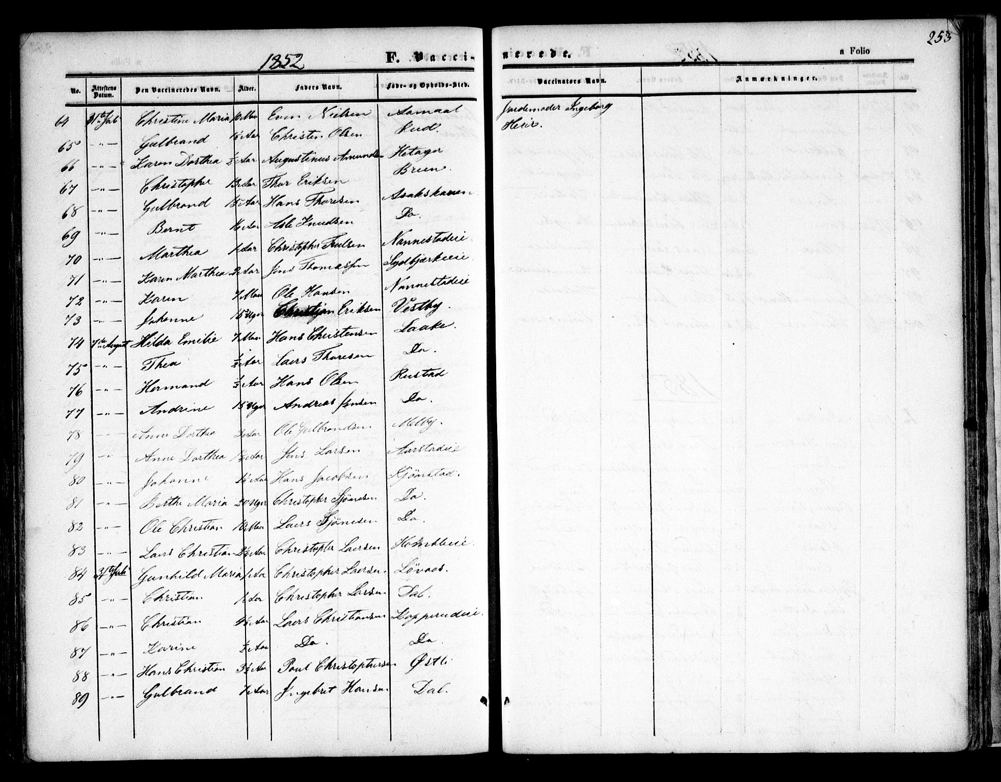 Nannestad prestekontor Kirkebøker, AV/SAO-A-10414a/F/Fa/L0011: Parish register (official) no. I 11, 1850-1859, p. 253