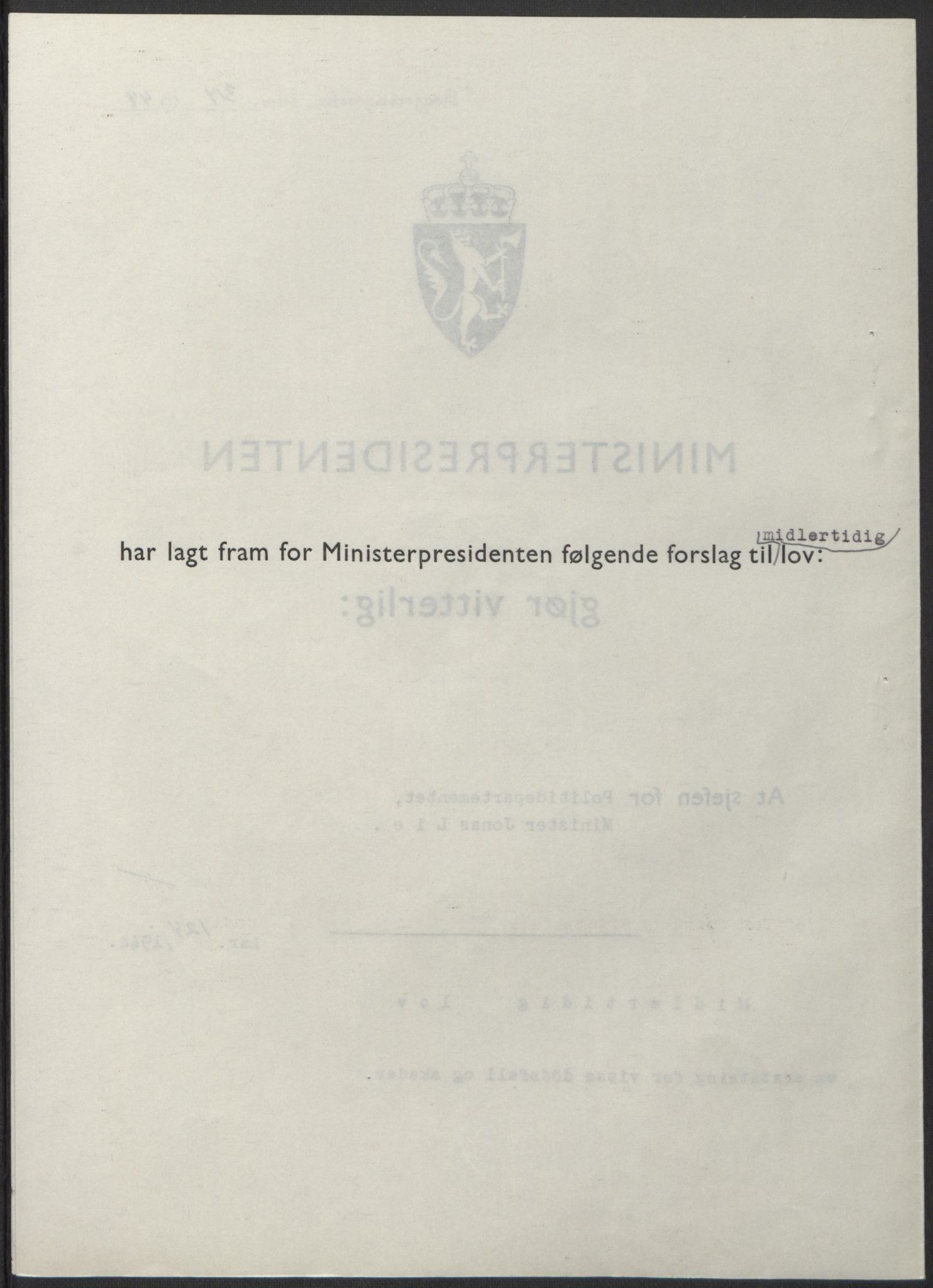 NS-administrasjonen 1940-1945 (Statsrådsekretariatet, de kommisariske statsråder mm), AV/RA-S-4279/D/Db/L0100: Lover, 1944, p. 587