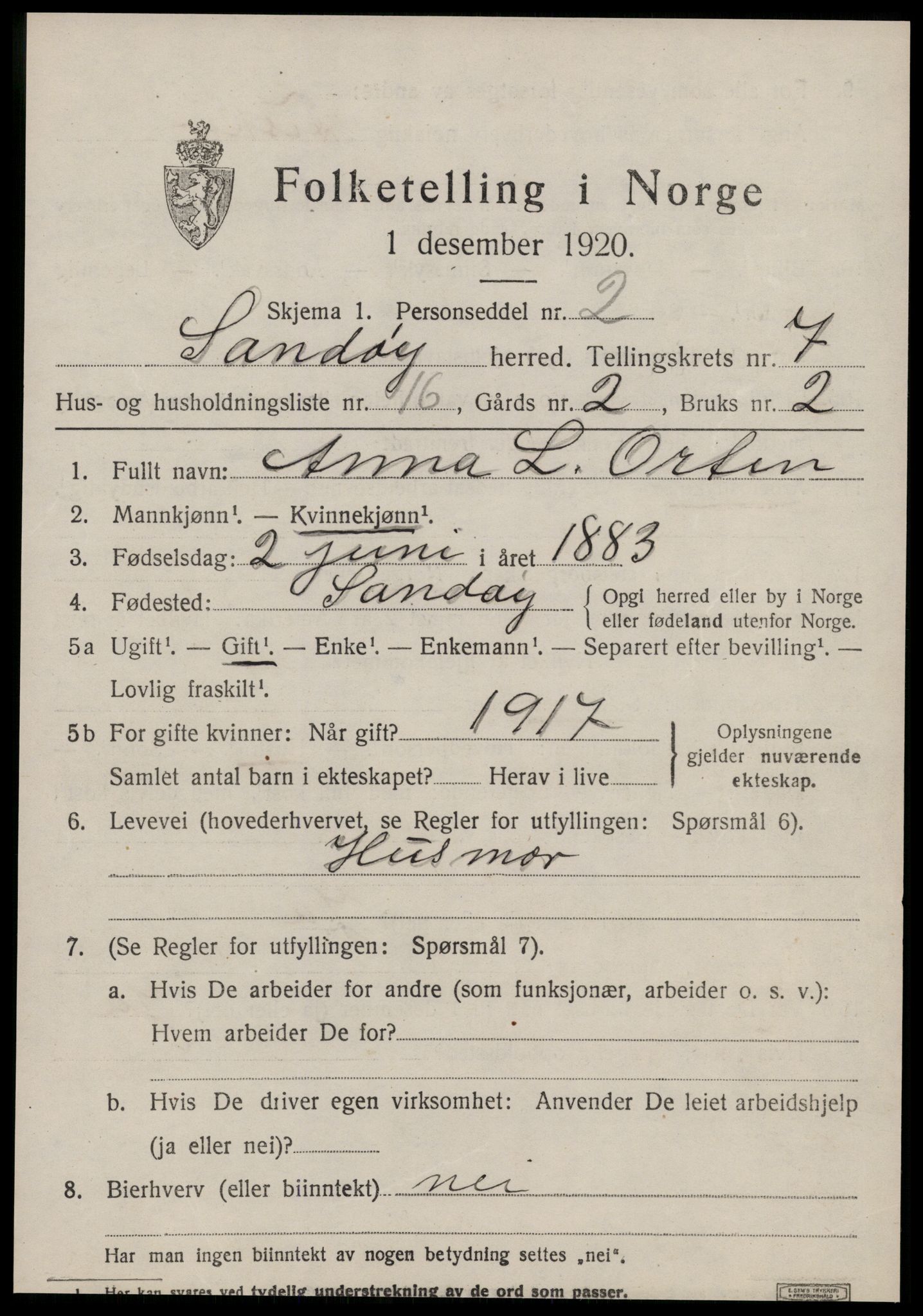 SAT, 1920 census for Sandøy, 1920, p. 2478