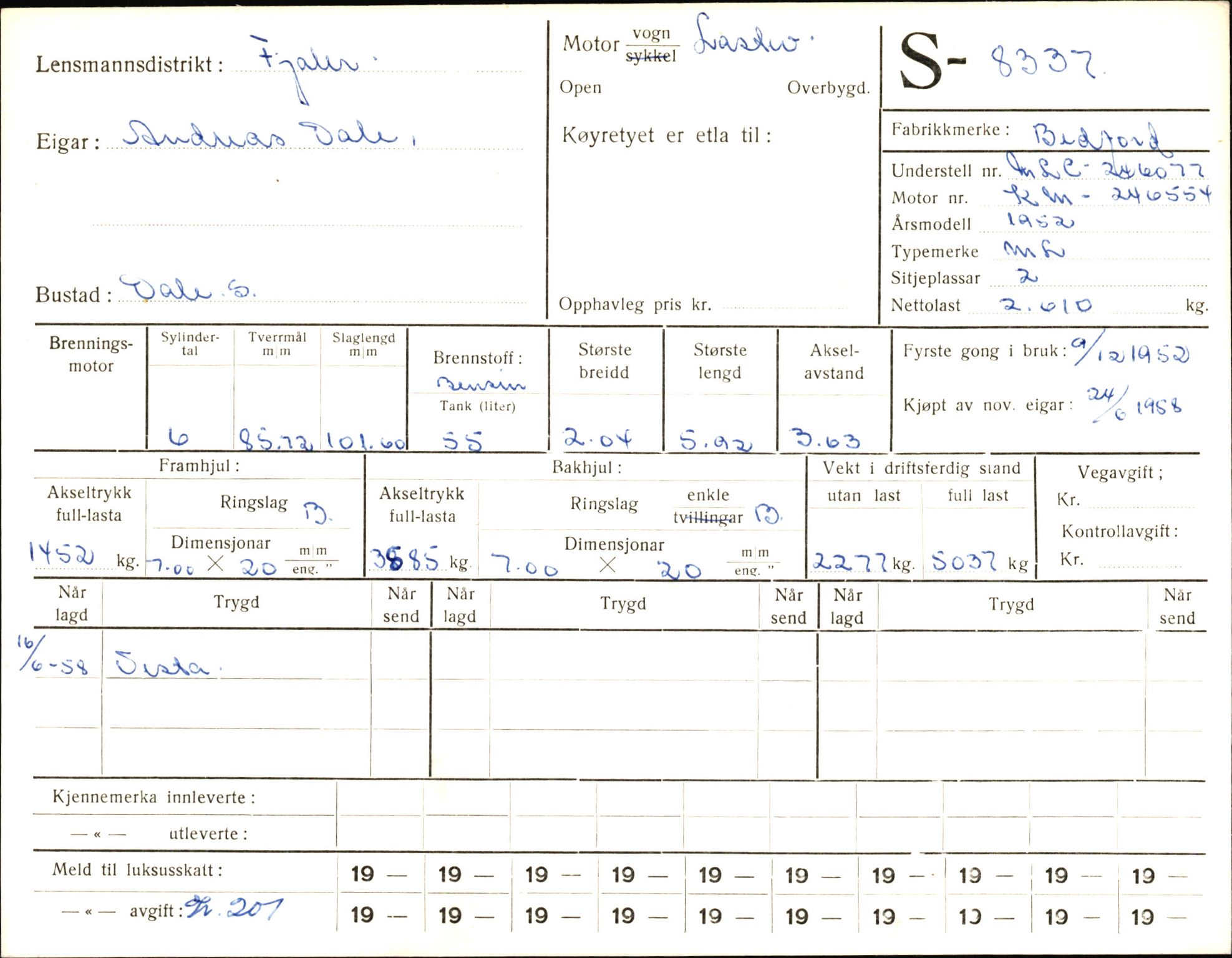Statens vegvesen, Sogn og Fjordane vegkontor, AV/SAB-A-5301/4/F/L0006: Registerkort utmeldte Fjordane S8300-9500, 1930-1961, p. 54