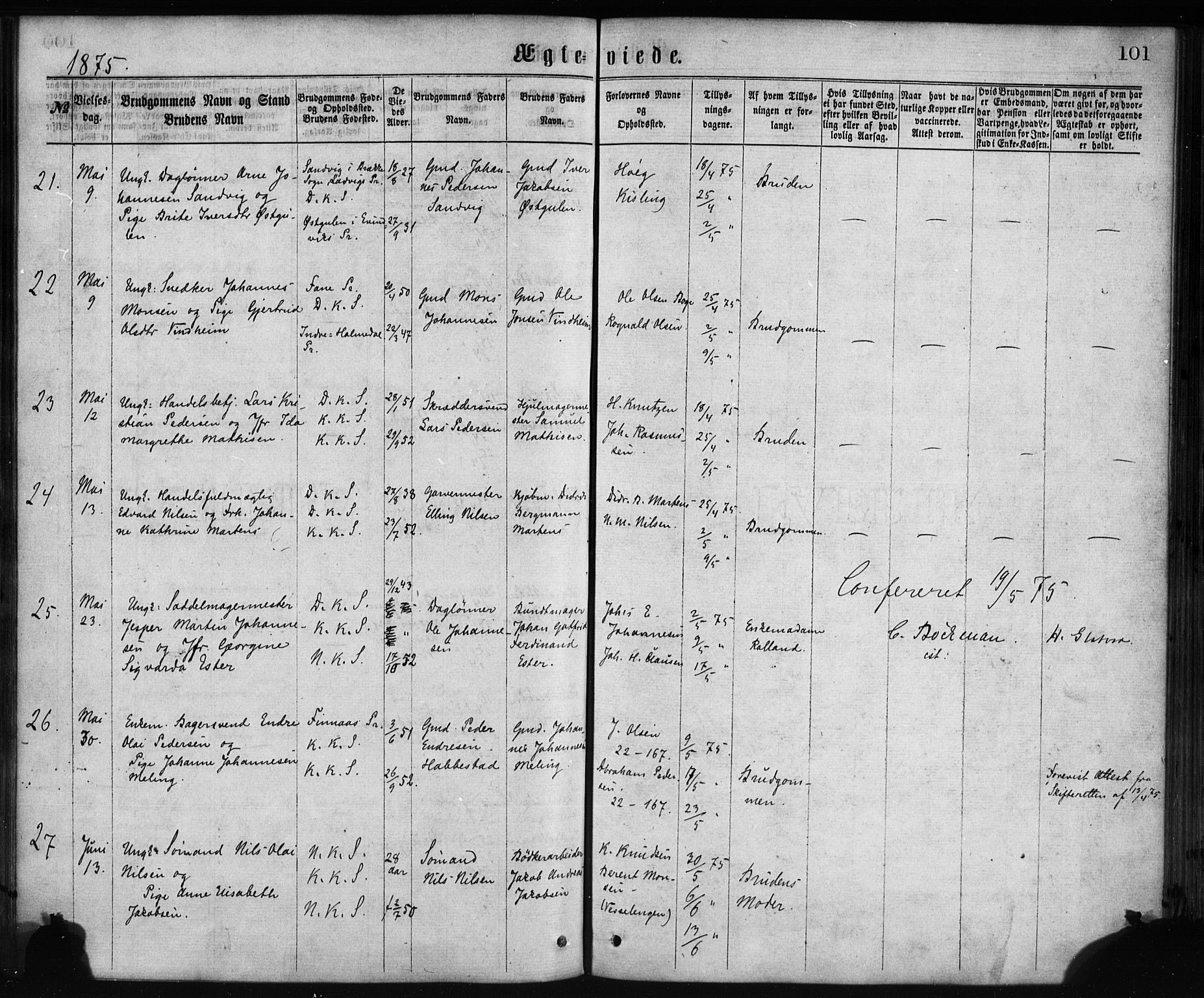 Korskirken sokneprestembete, AV/SAB-A-76101/H/Haa/L0036: Parish register (official) no. D 3, 1867-1882, p. 101