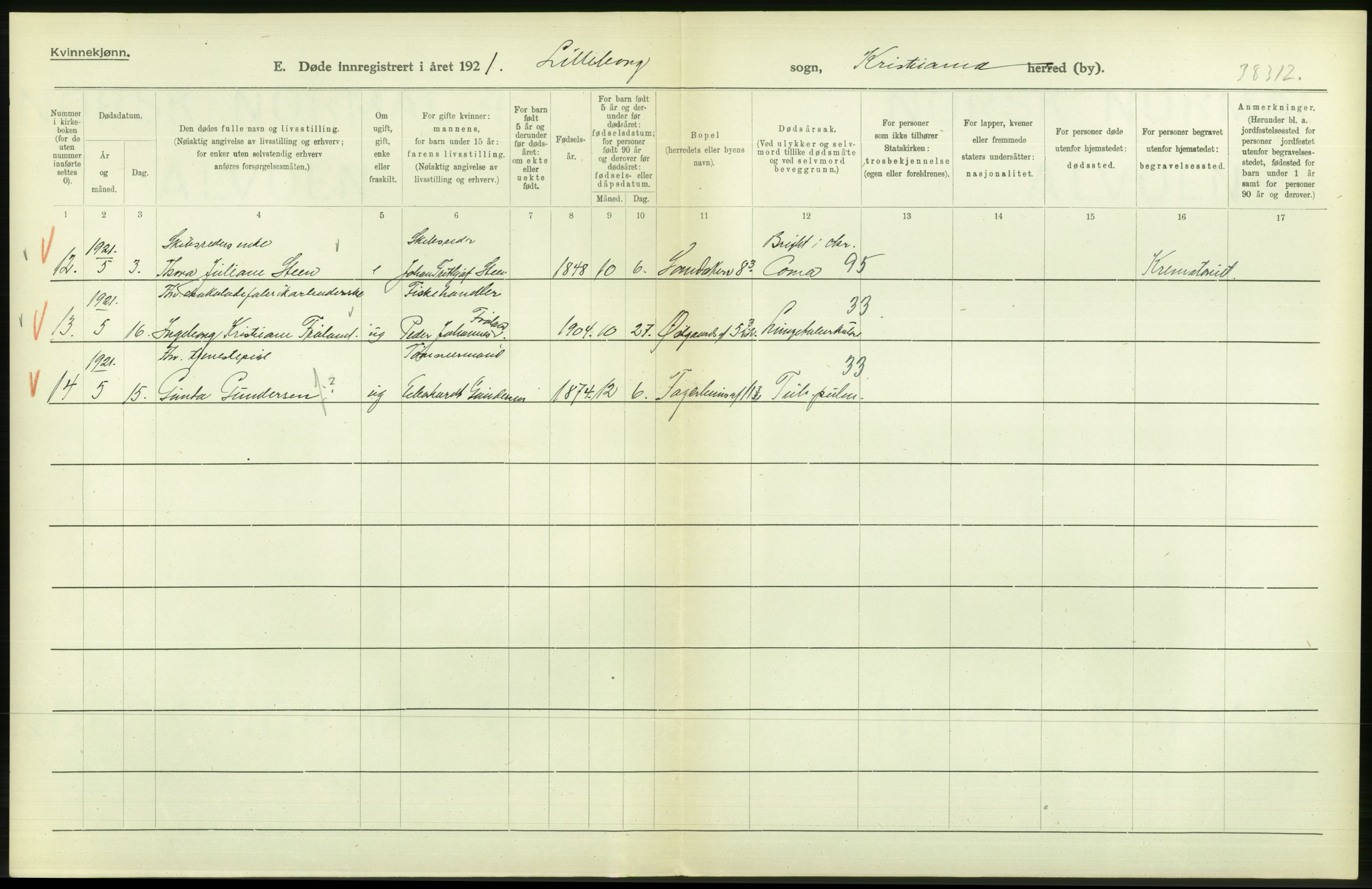 Statistisk sentralbyrå, Sosiodemografiske emner, Befolkning, AV/RA-S-2228/D/Df/Dfc/Dfca/L0012: Kristiania: Døde, 1921, p. 130