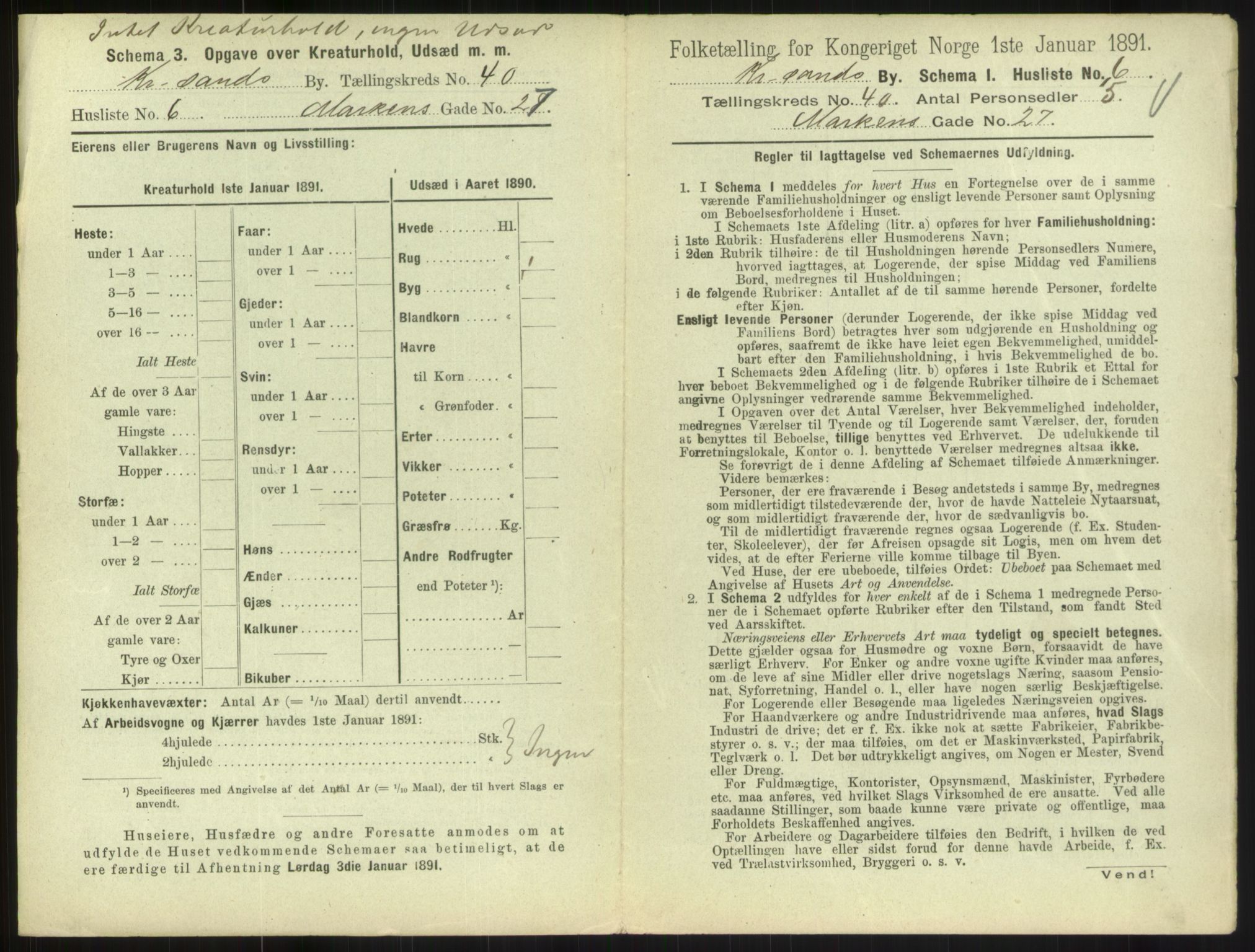 RA, 1891 census for 1001 Kristiansand, 1891, p. 2160