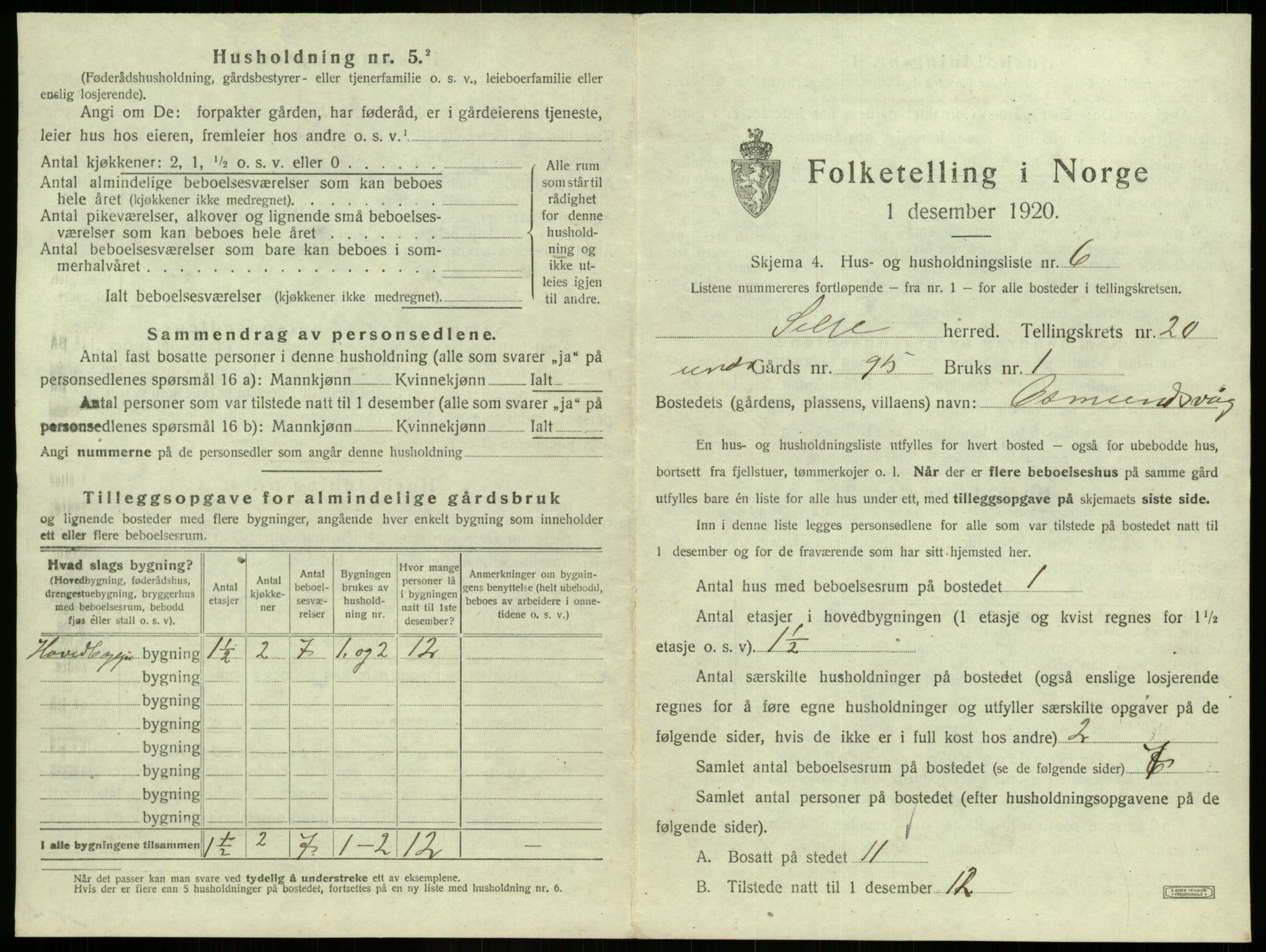 SAB, 1920 census for Selje, 1920, p. 1164