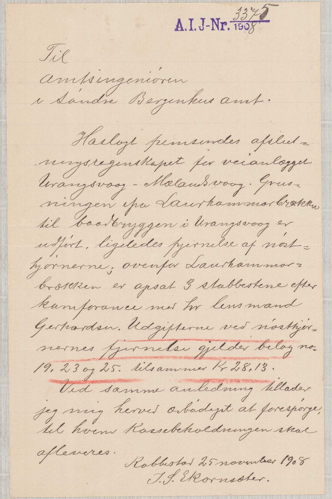 Finnaas kommune. Formannskapet, IKAH/1218a-021/E/Ea/L0002/0005: Rekneskap for veganlegg / Rekneskap for veganlegget Urangsvåg - Mælandsvåg, 1907-1909, p. 34