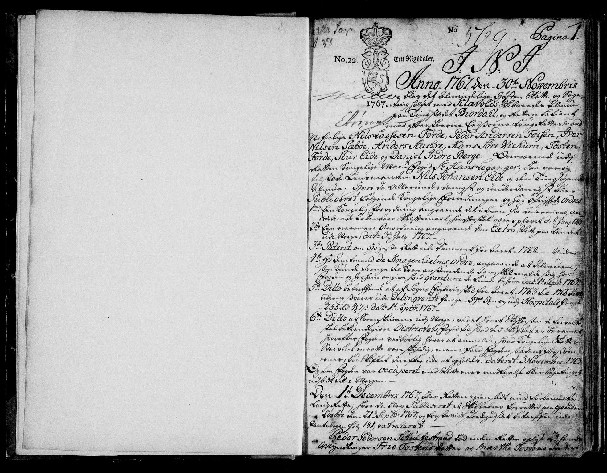 Ytre Sogn tingrett, AV/SAB-A-2601/1/F/Fa/L0038: Tingbok (justisprotokoll), 1767-1770, p. 0b-1a