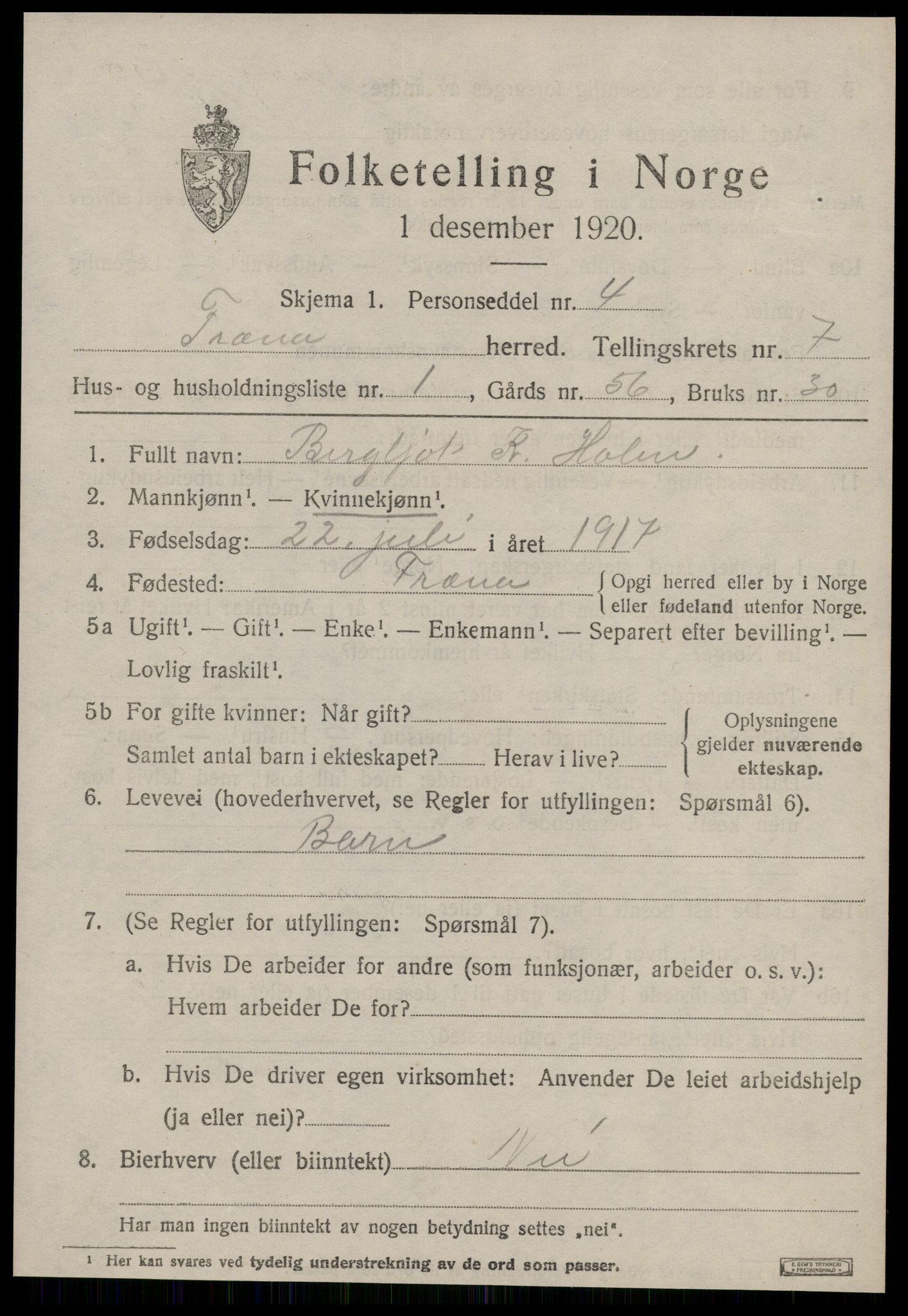 SAT, 1920 census for Fræna, 1920, p. 4531